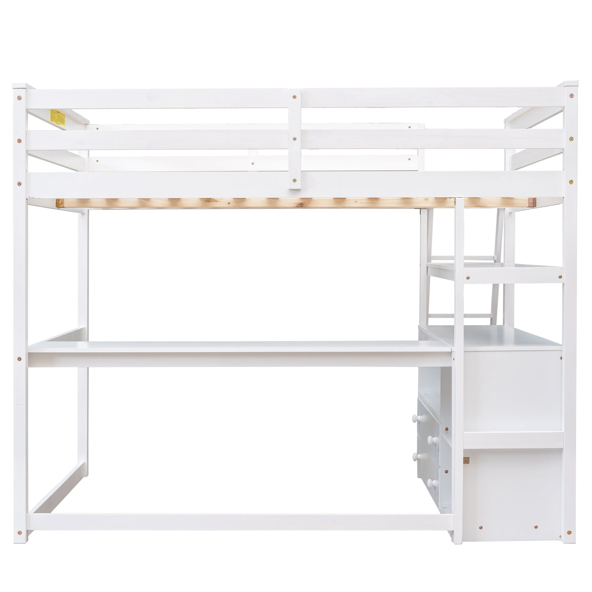White wooden loft bed with integrated desk and shelving unit