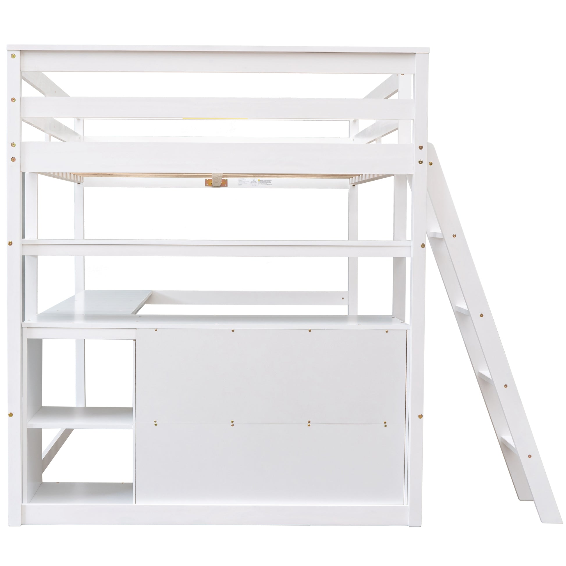 White wooden loft bed with desk and storage