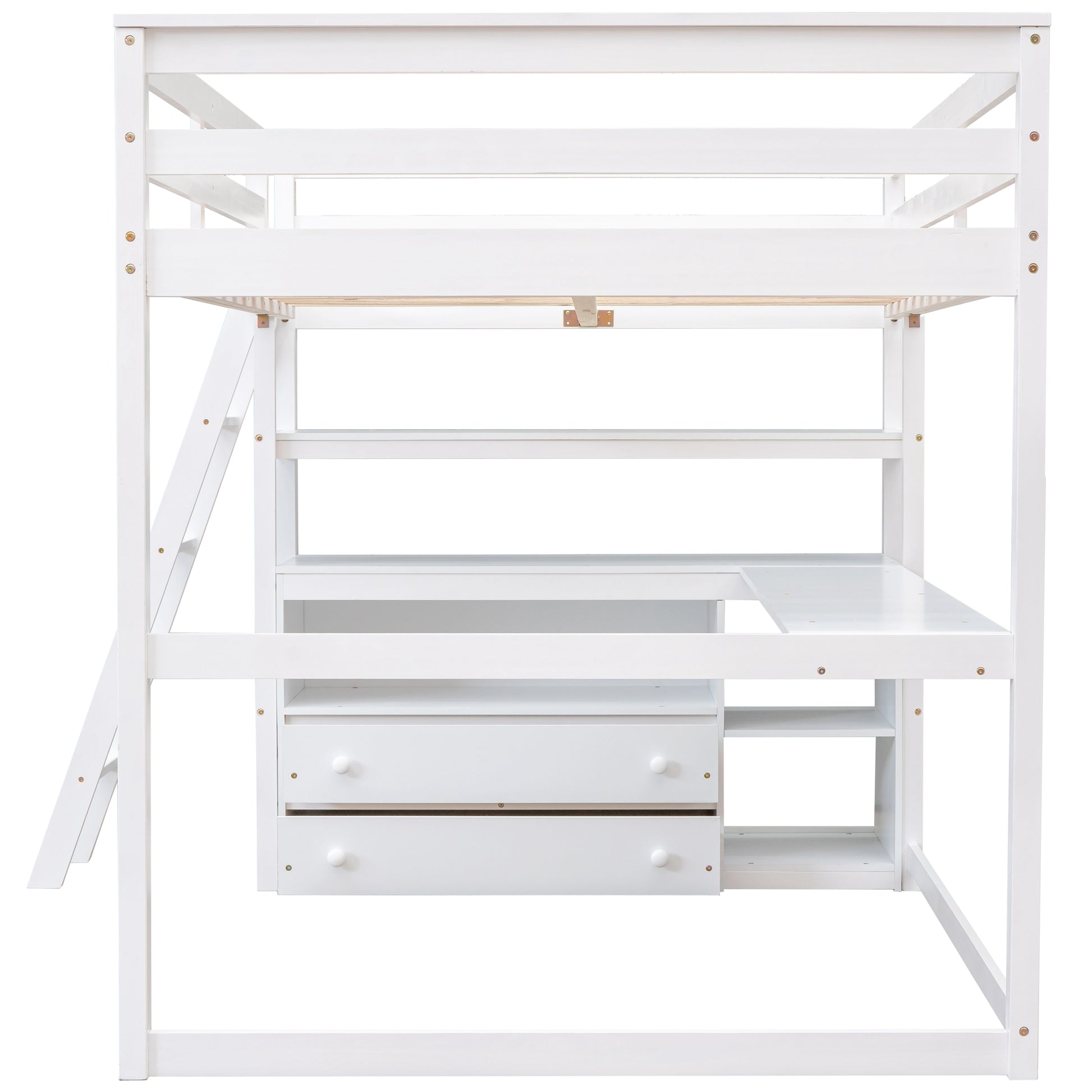 White loft bed with desk and drawers