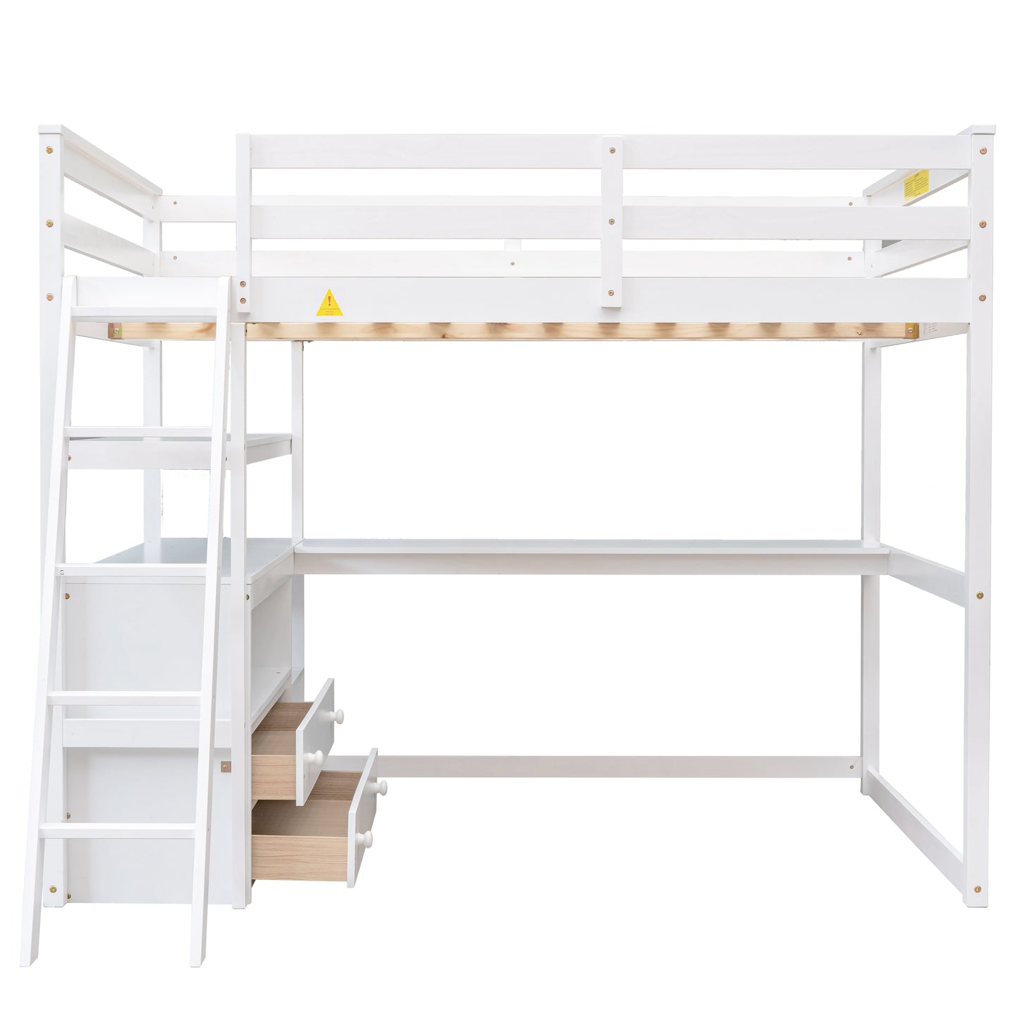 White wooden loft bed with integrated desk and drawers
