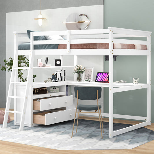 White wooden loft bed with integrated desk and drawers