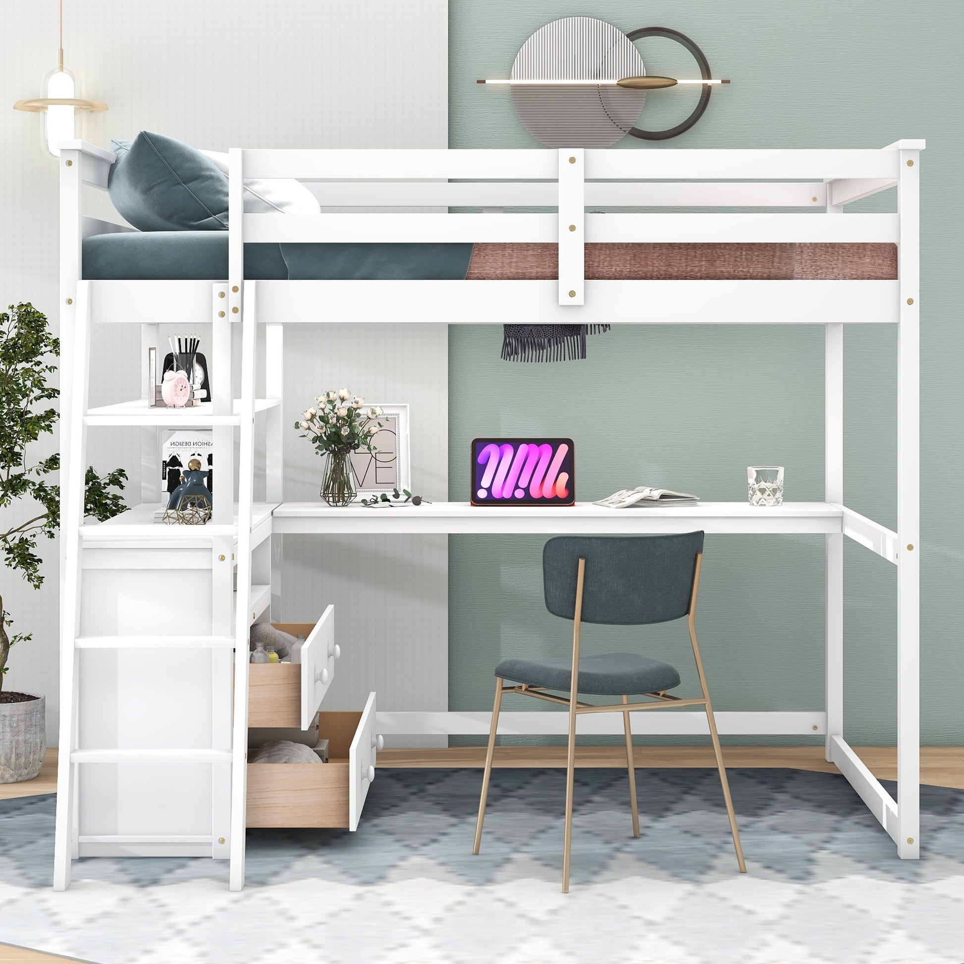 White wooden loft bed with integrated desk and storage drawers
