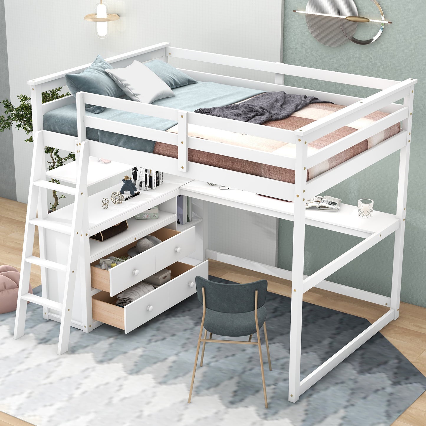 White loft bed with integrated desk and drawers