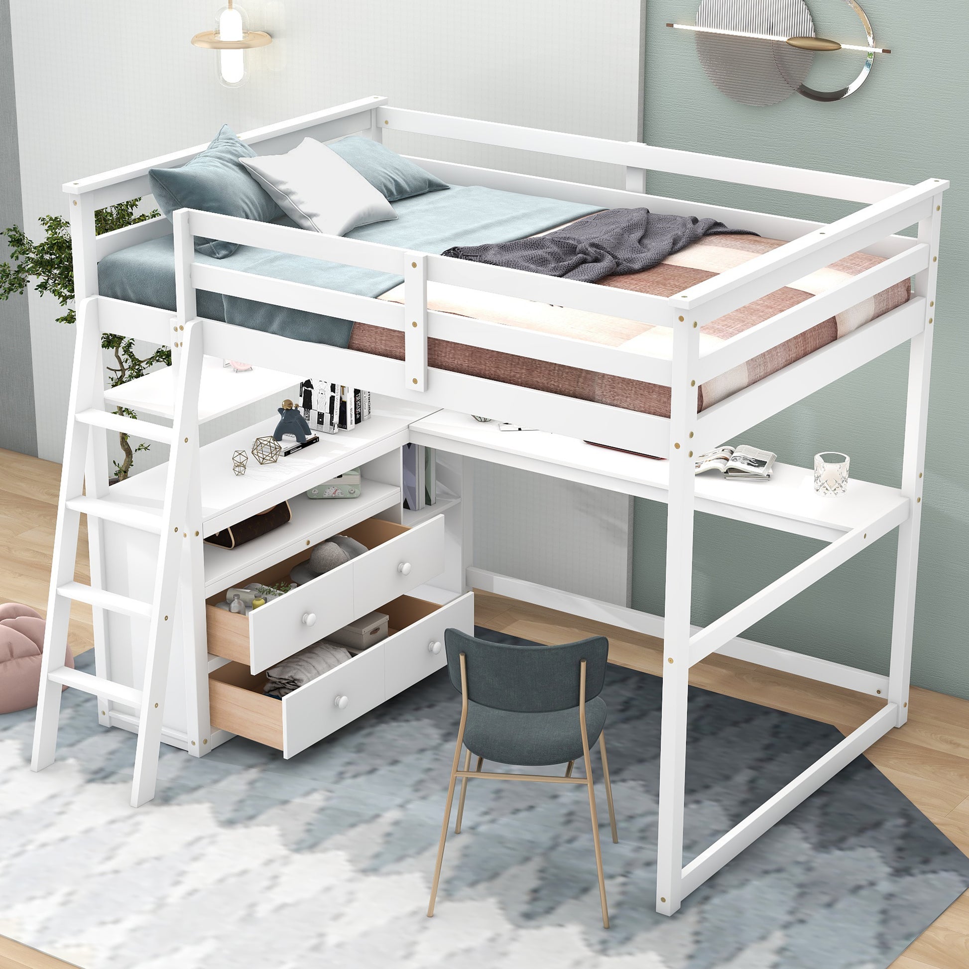 White loft bed with integrated desk and drawers