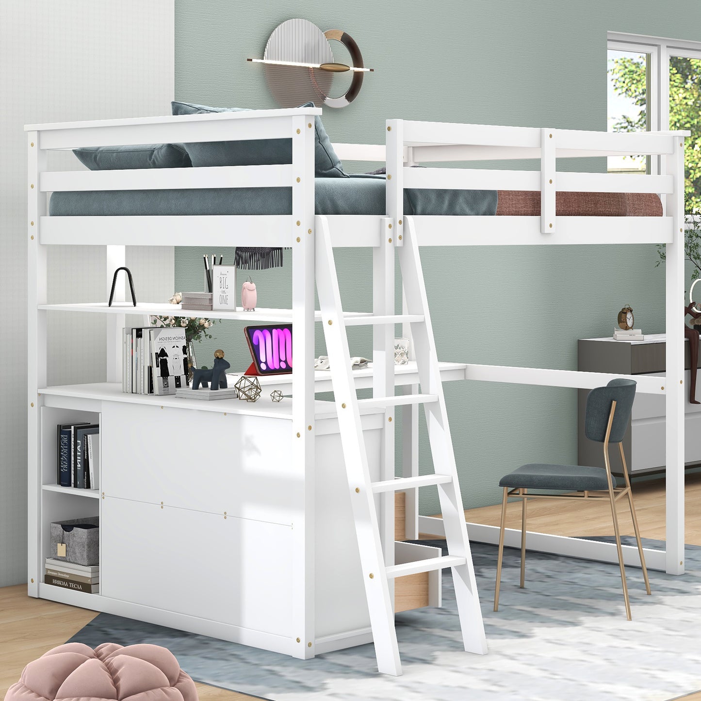 White wooden loft bed with builtin desk shelves and drawers for childs room