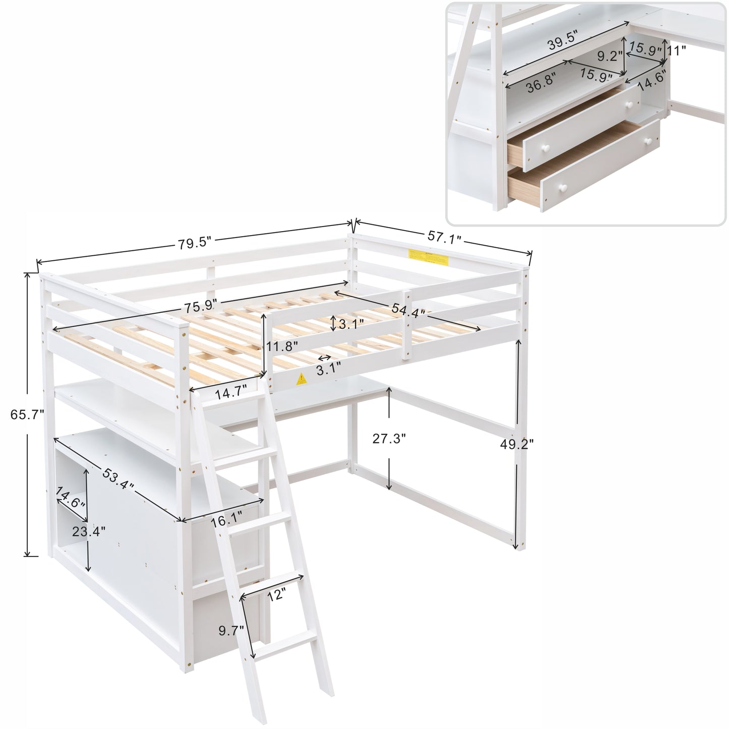 White wooden loft bed with desk and drawers