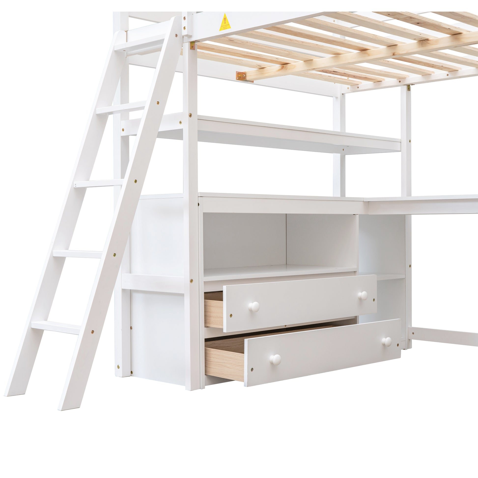 White wooden loft bed frame with ladder and drawers