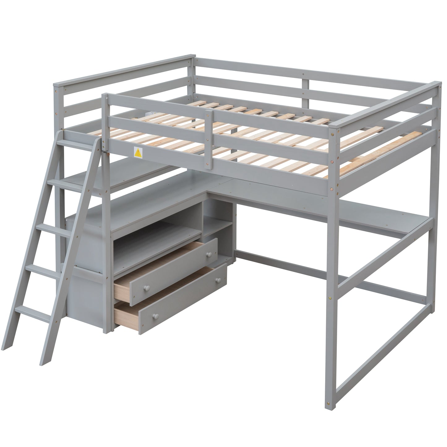 Gray loft bed with ladder and desk
