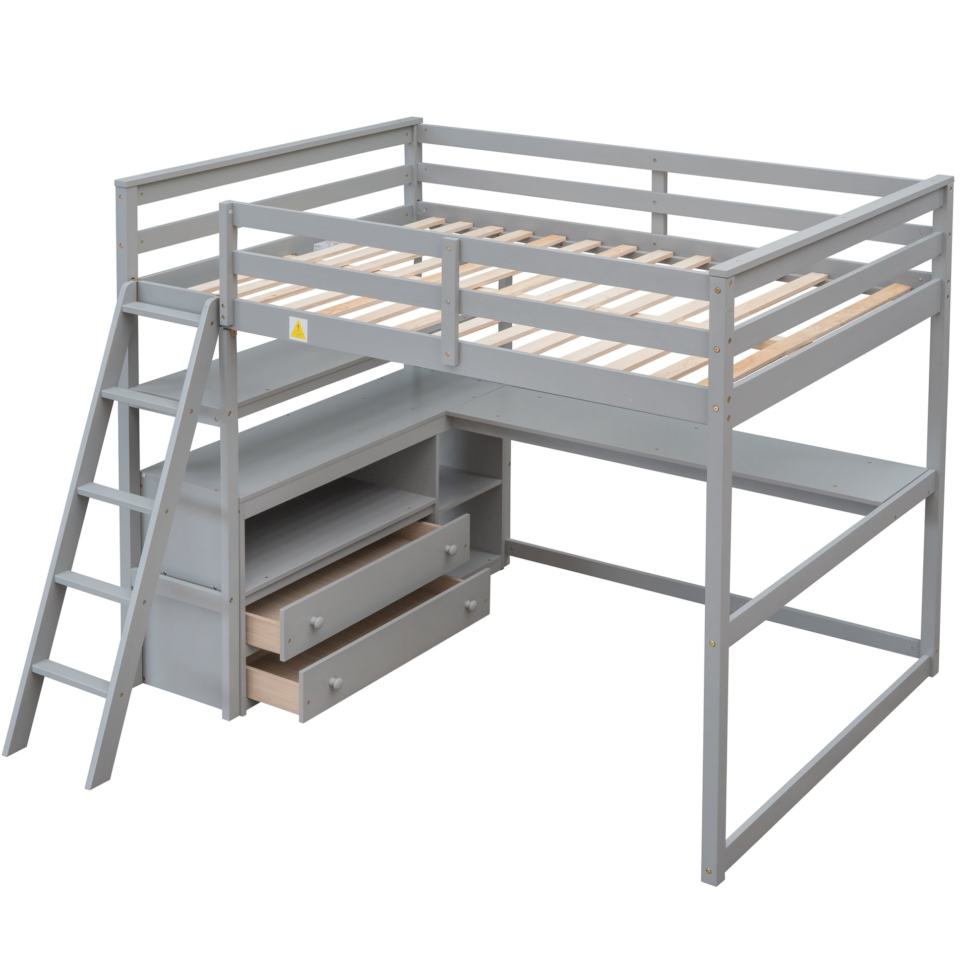 Gray loft bed with ladder and desk