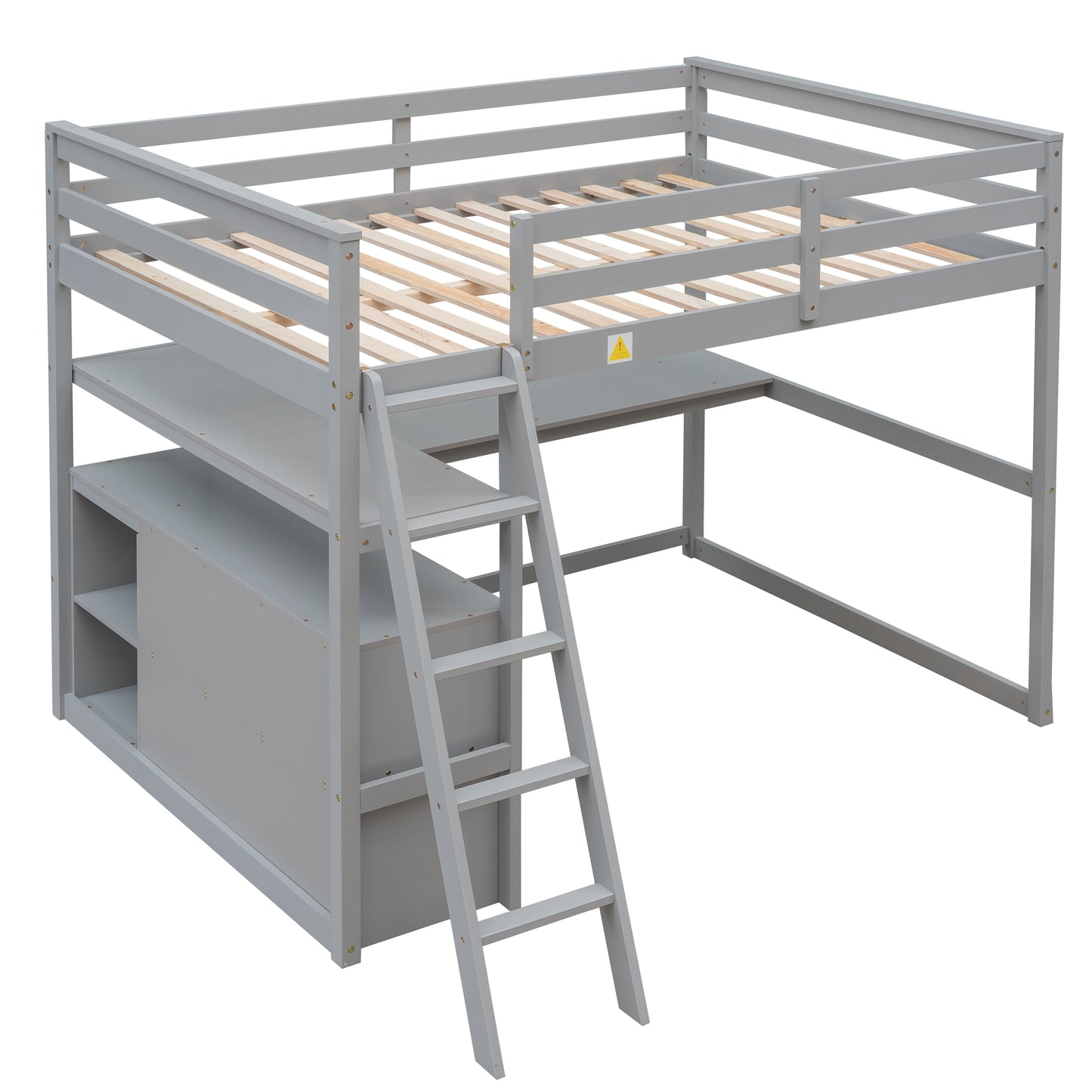 Gray wooden loft bed with desk and storage