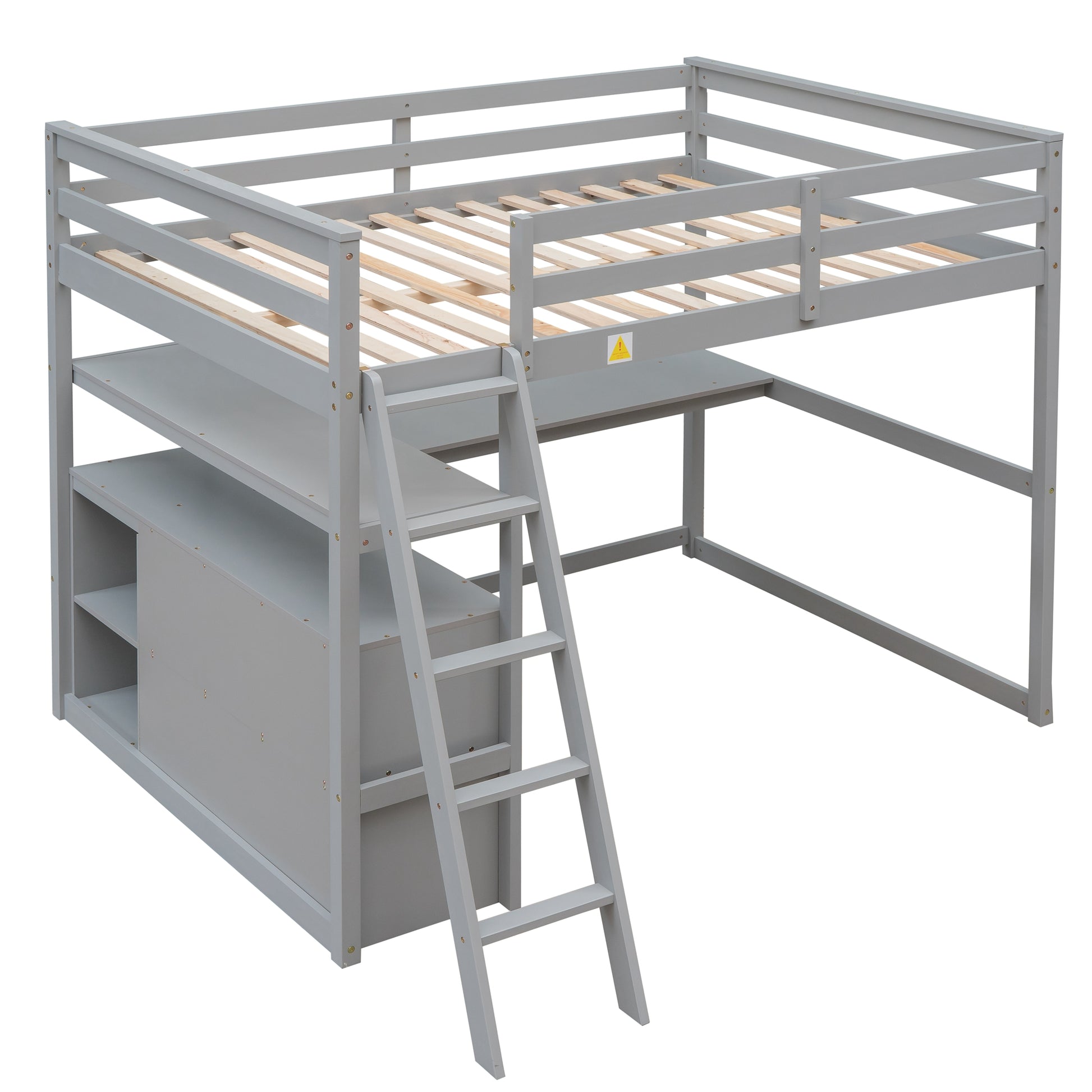 Gray wooden loft bed with desk and storage