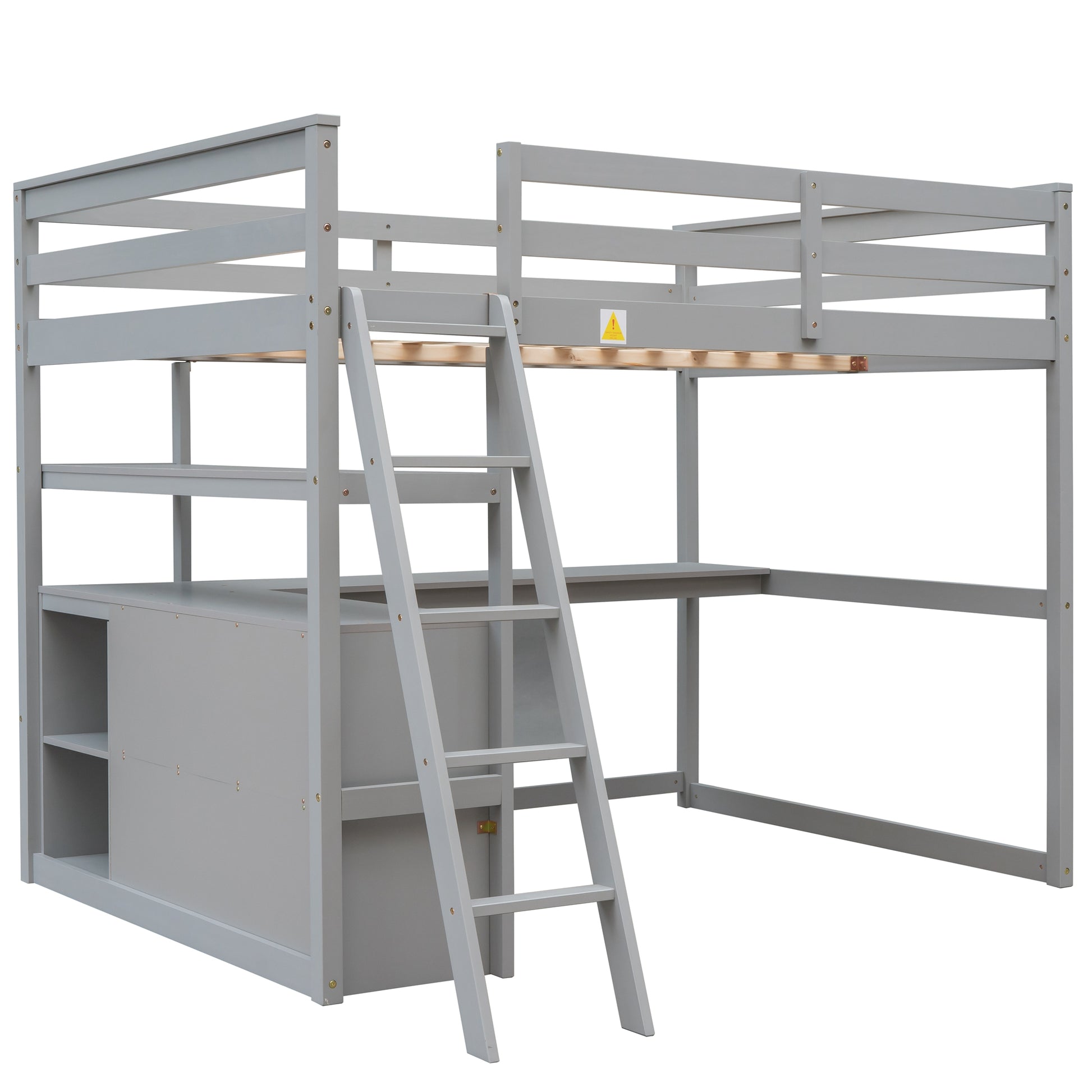Gray wooden loft bed with integrated desk and shelves