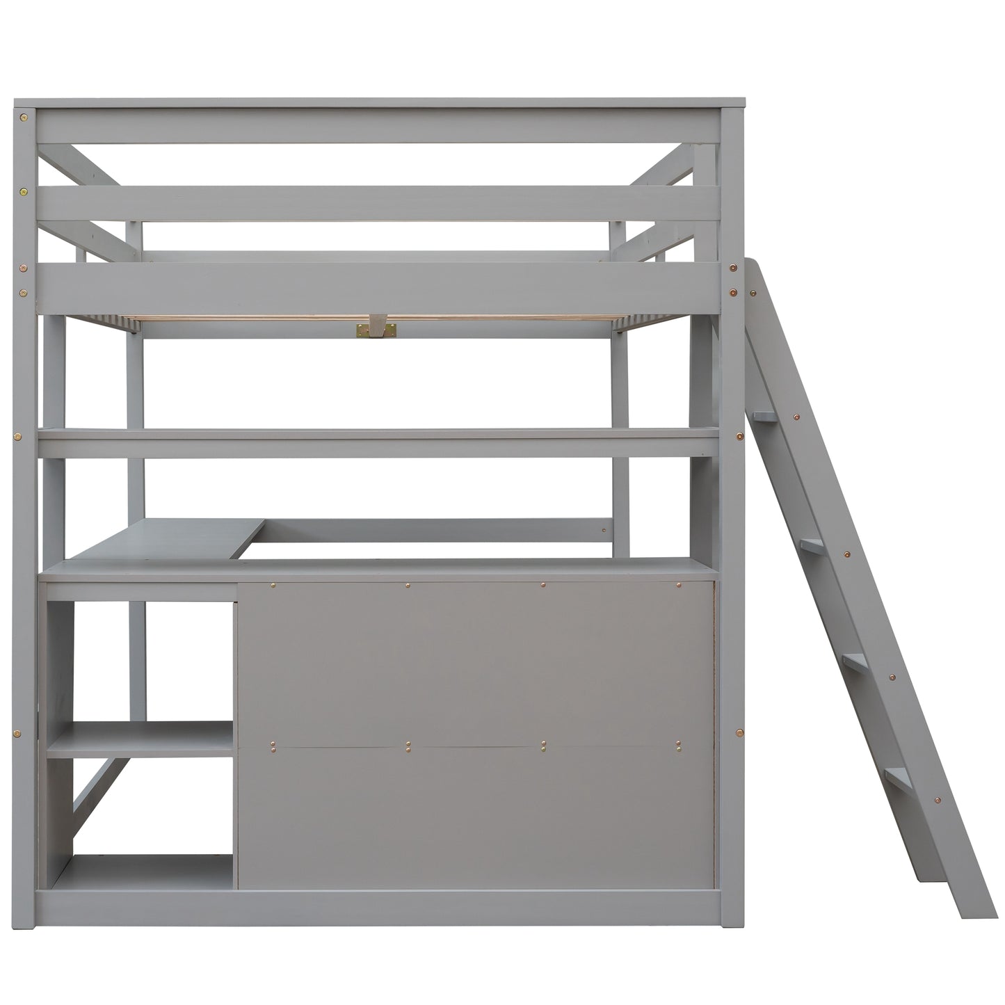 Gray wooden loft bed with desk and shelves