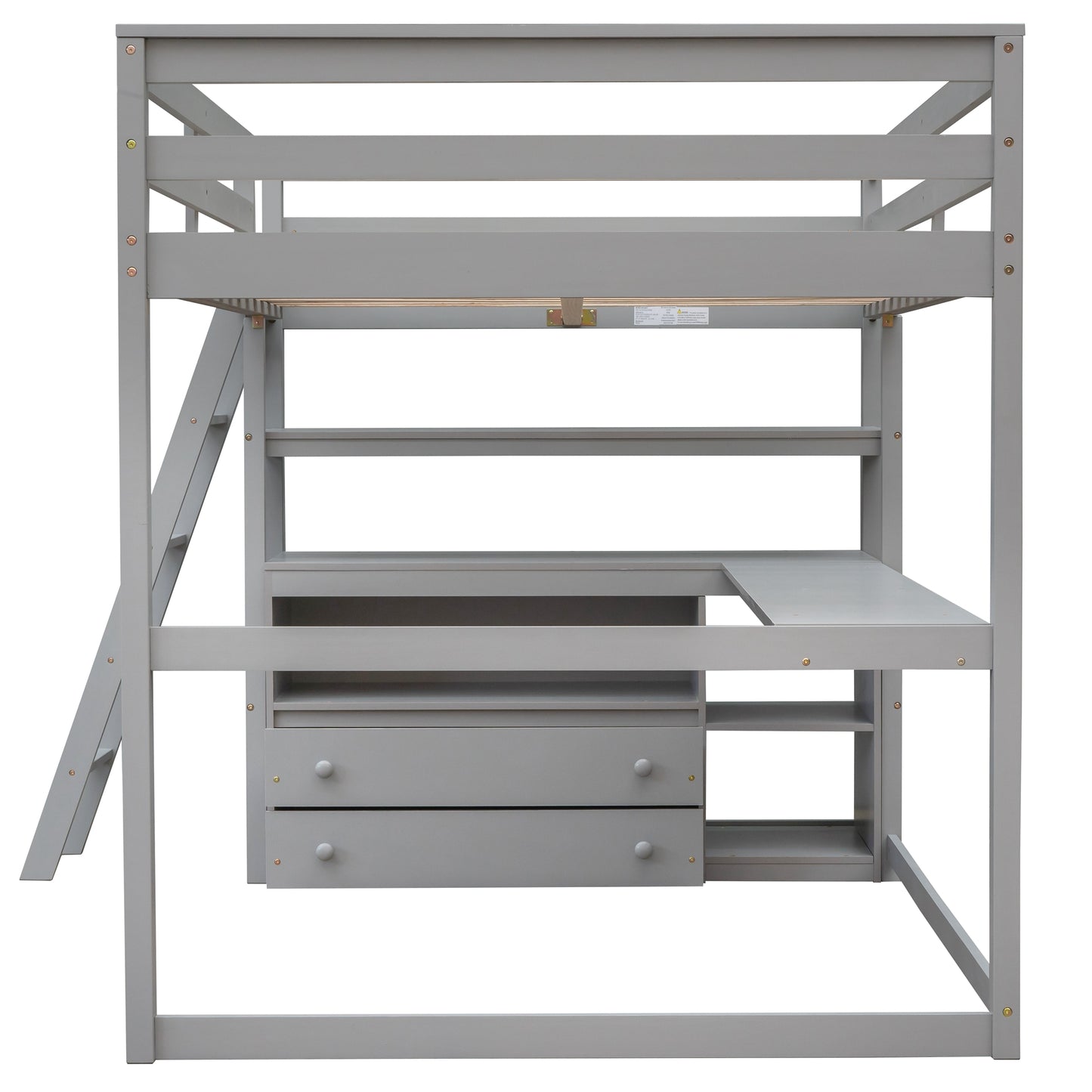 Gray wooden loft bed with integrated desk and two drawers