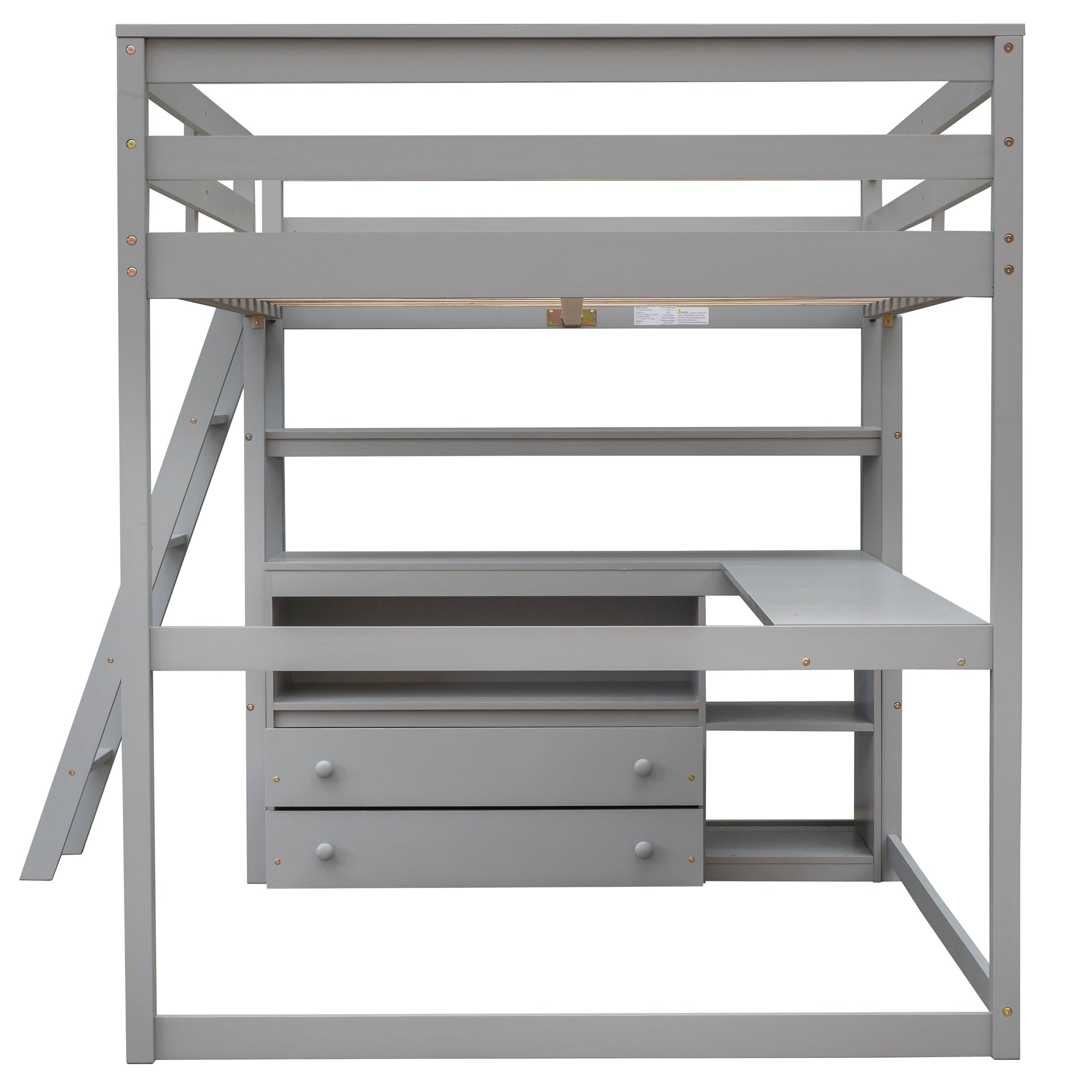 Gray wooden loft bed with integrated desk and two drawers