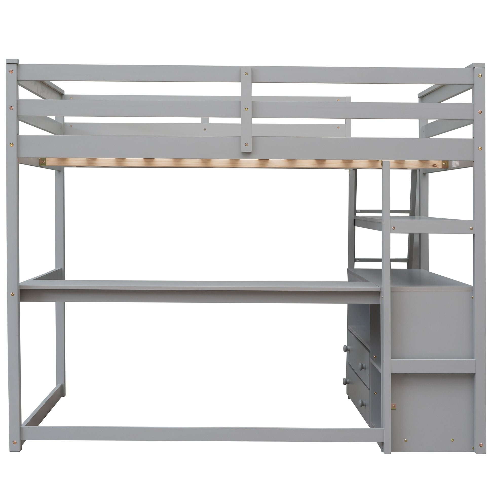 Gray wooden loft bed with integrated desk and shelving