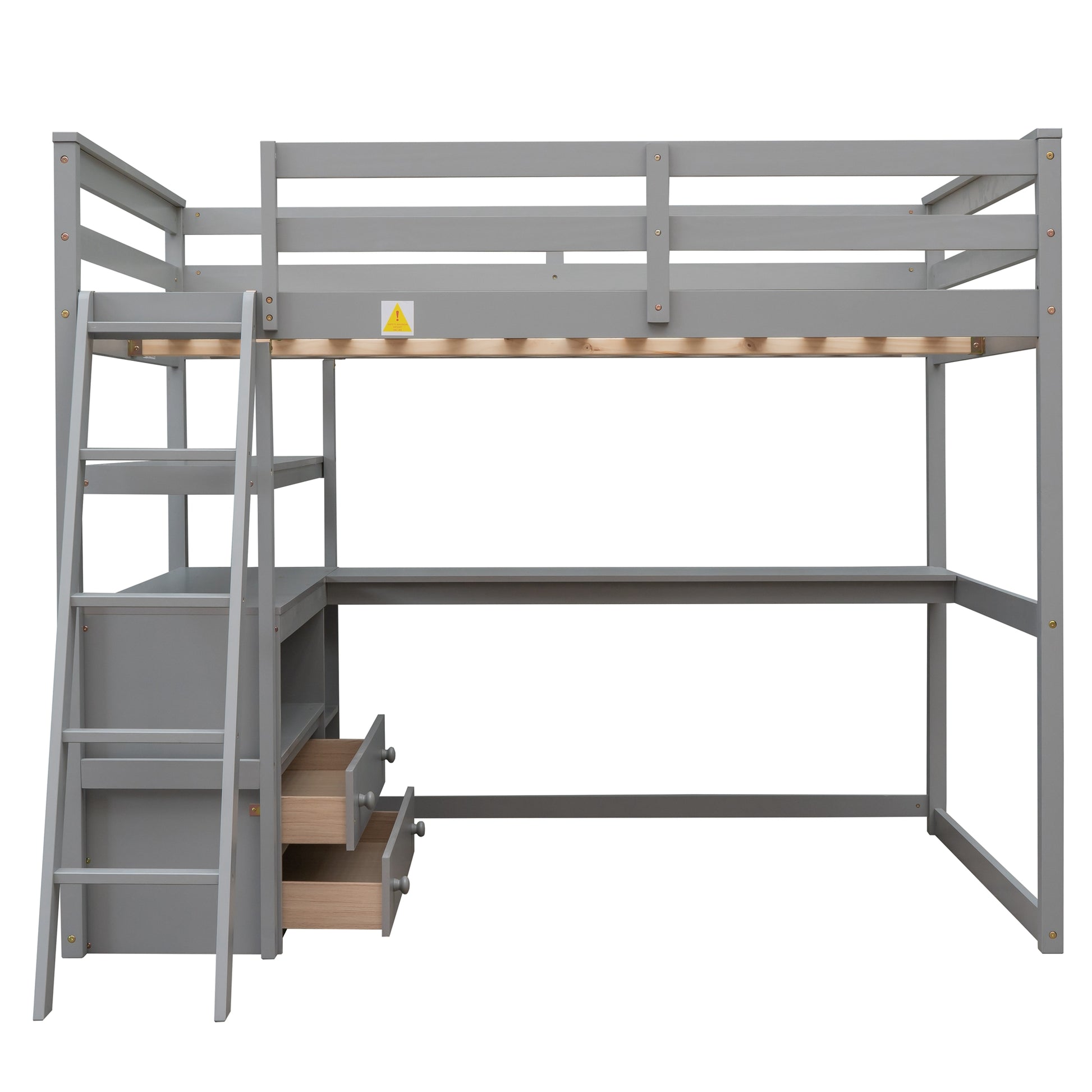 Gray wooden loft bed with desk and drawers