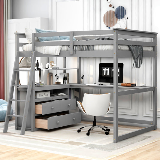 Gray loft bed with desk and drawers perfect for small bedroom storage solutions