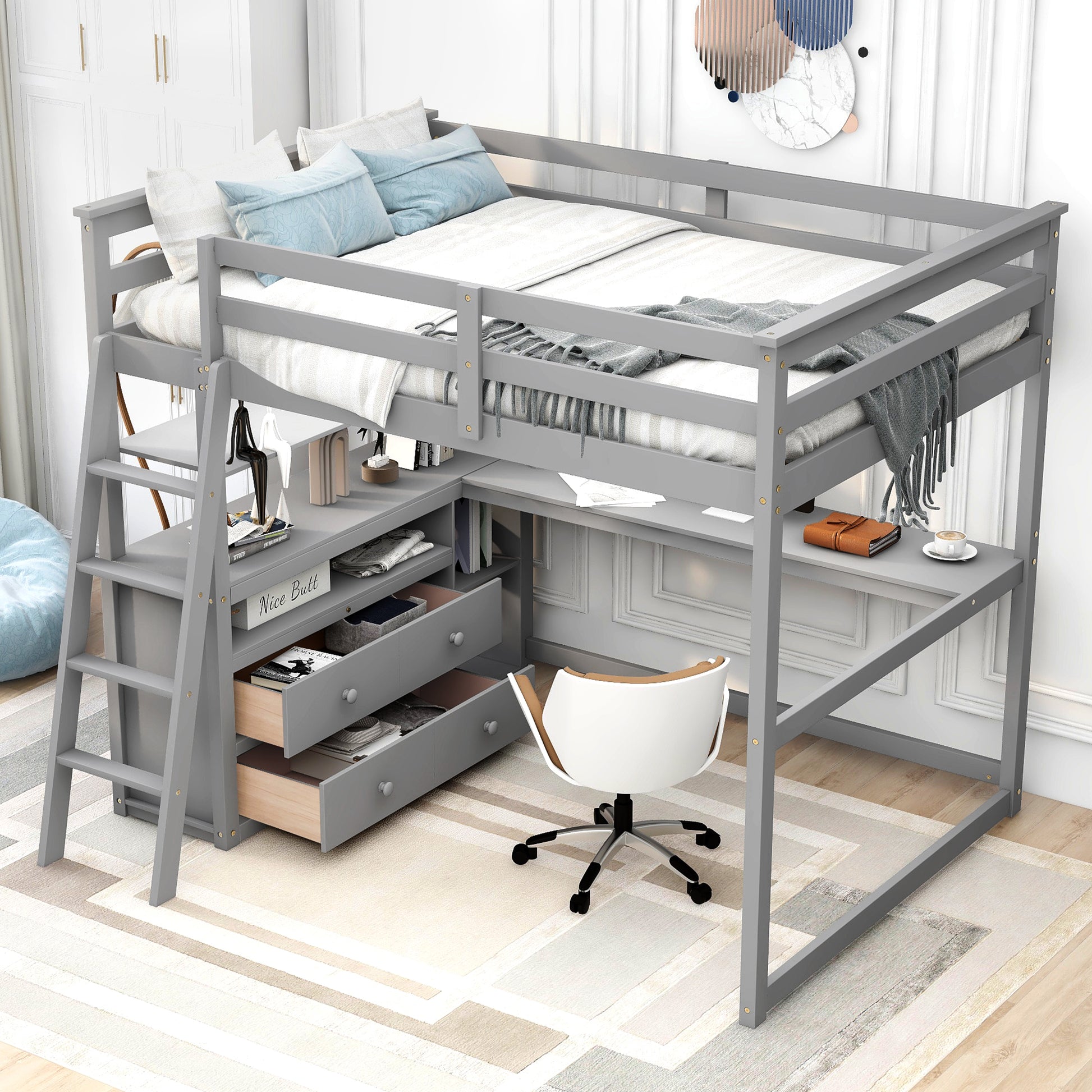 Gray loft bed with desk and drawers