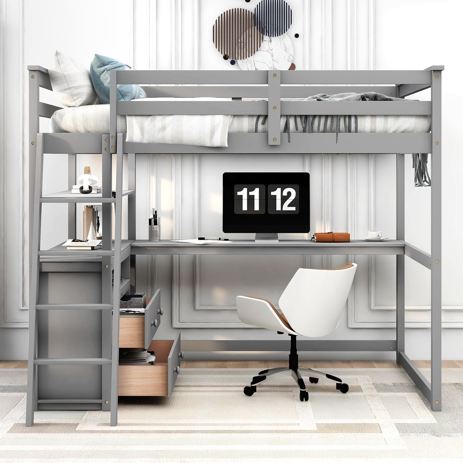 Gray wooden loft bed with integrated desk and storage drawers perfect for kids rooms