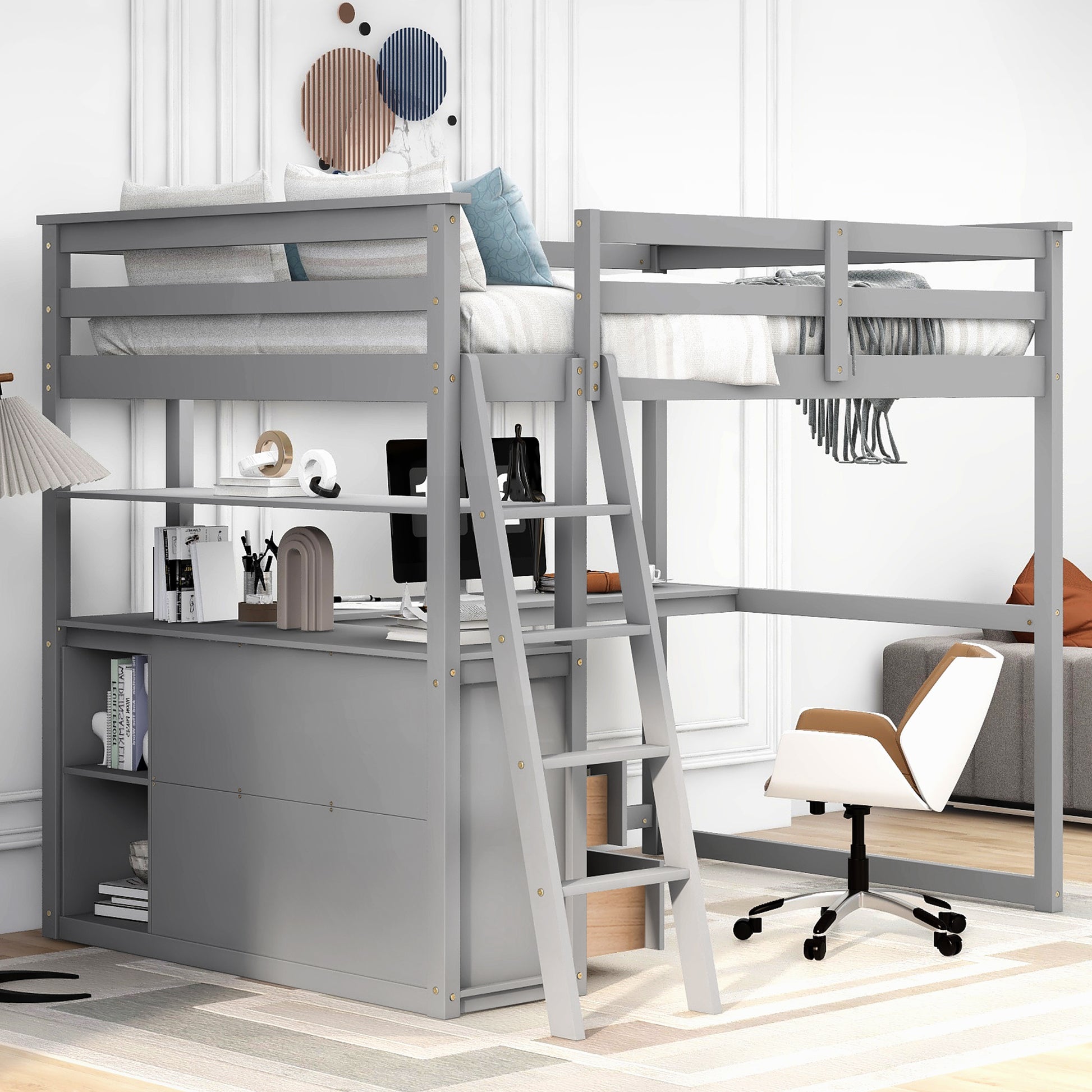 Gray wooden loft bed with desk and shelves