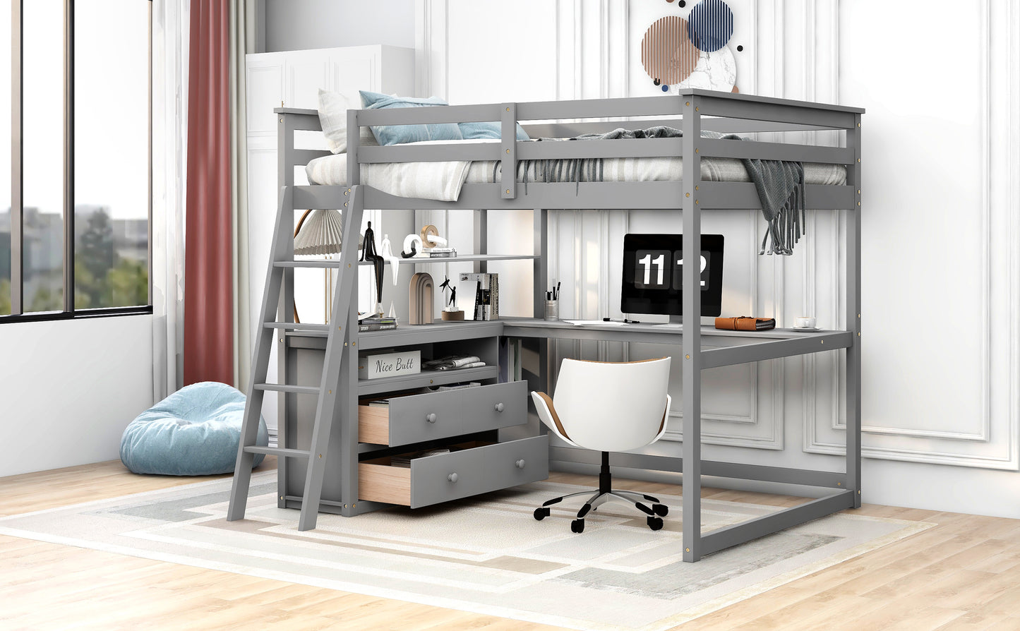 Gray wooden loft bed with integrated desk and drawers