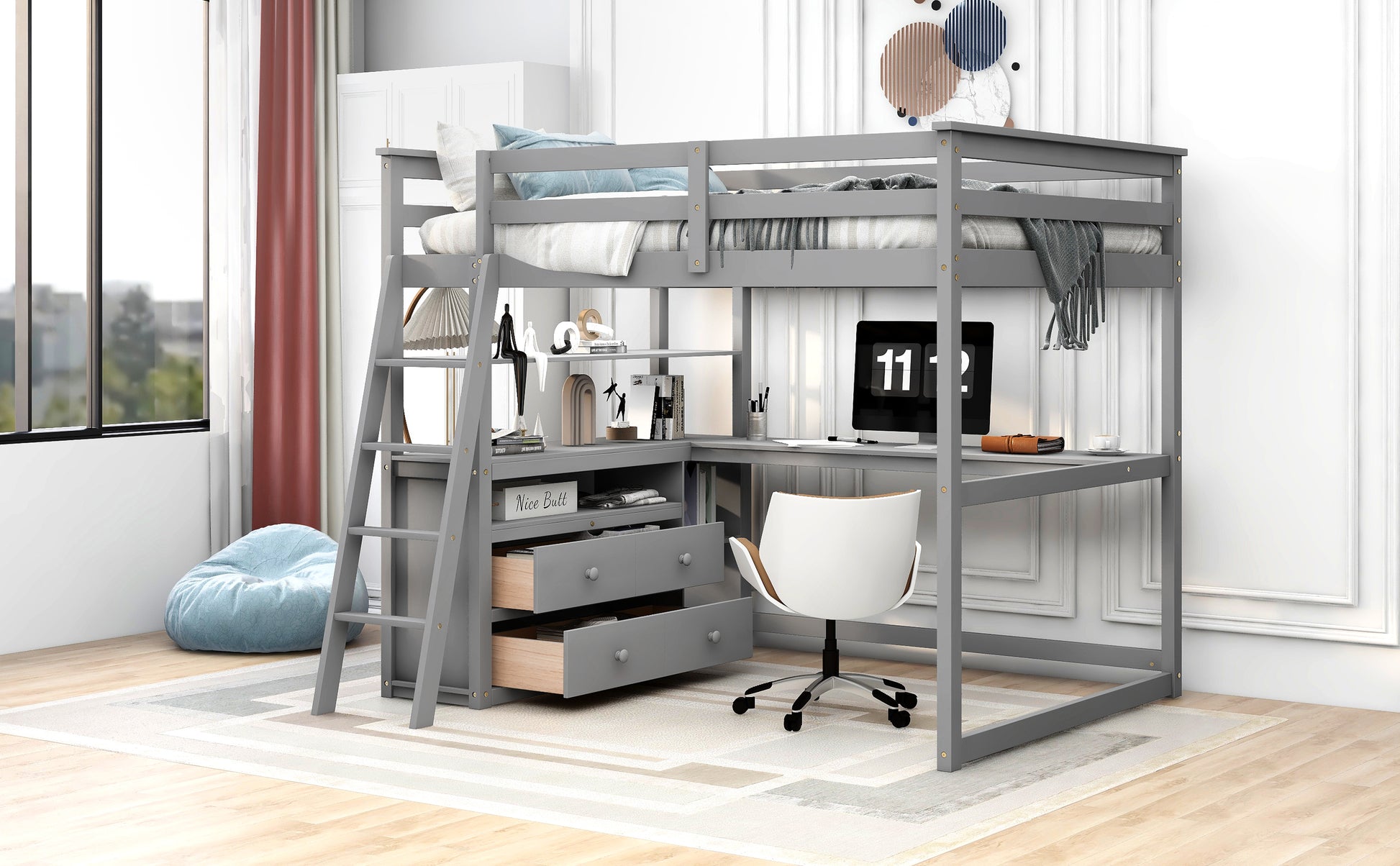 Gray wooden loft bed with integrated desk and drawers