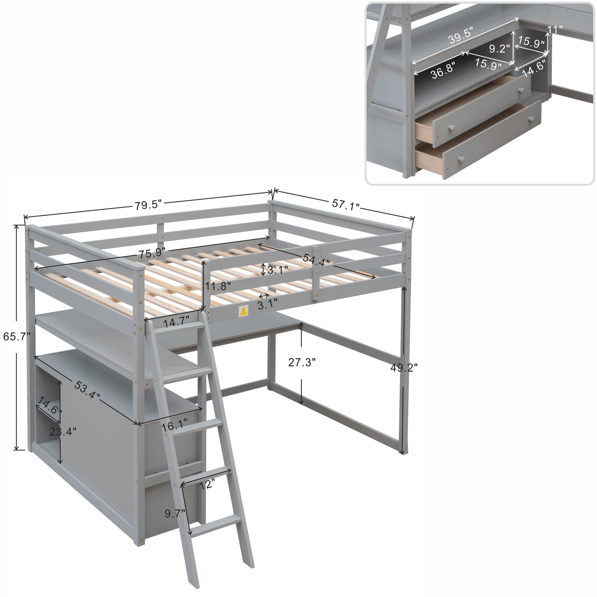 Gray loft bed with desk and drawers