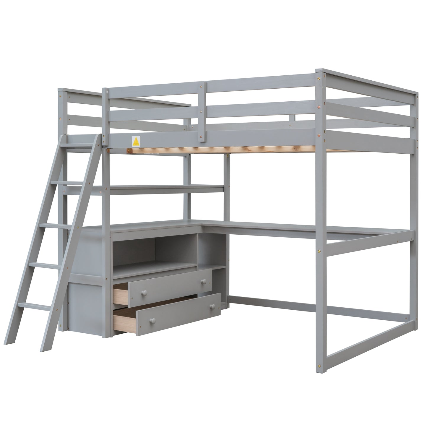 Gray wooden loft bed with integrated desk and drawers