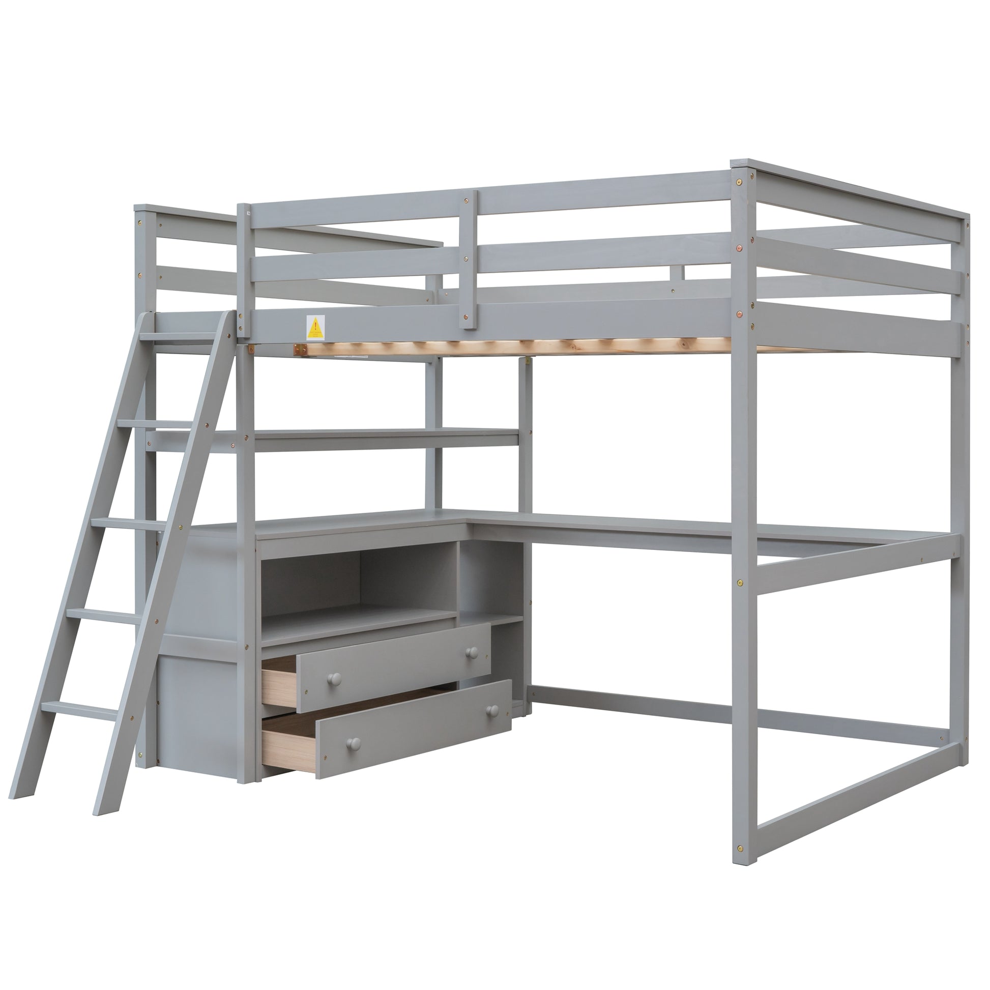 Gray wooden loft bed with integrated desk and drawers