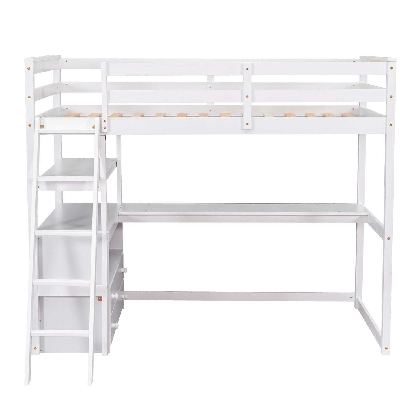 White wooden loft bed with integrated desk and ladder