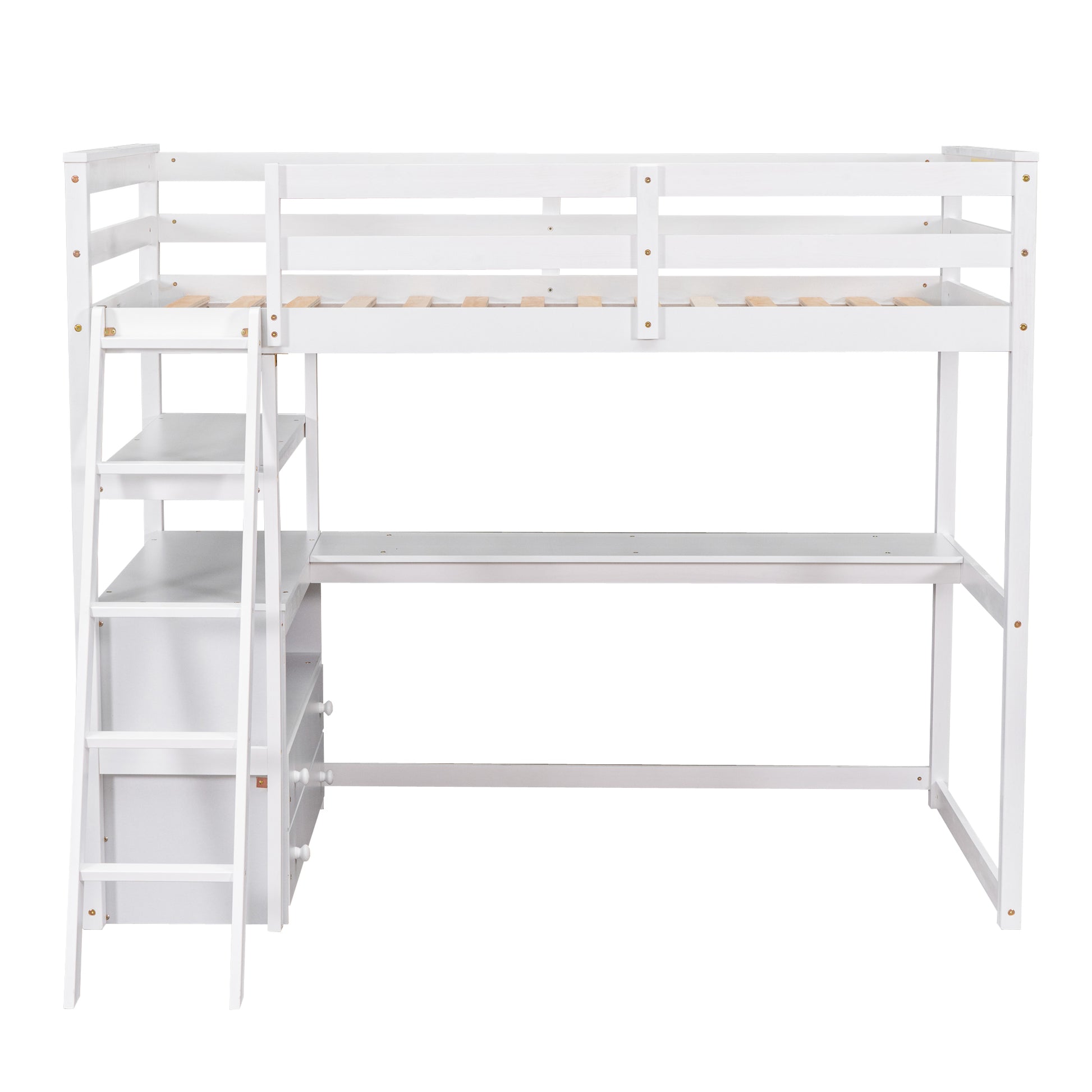 White wooden loft bed with integrated desk and ladder