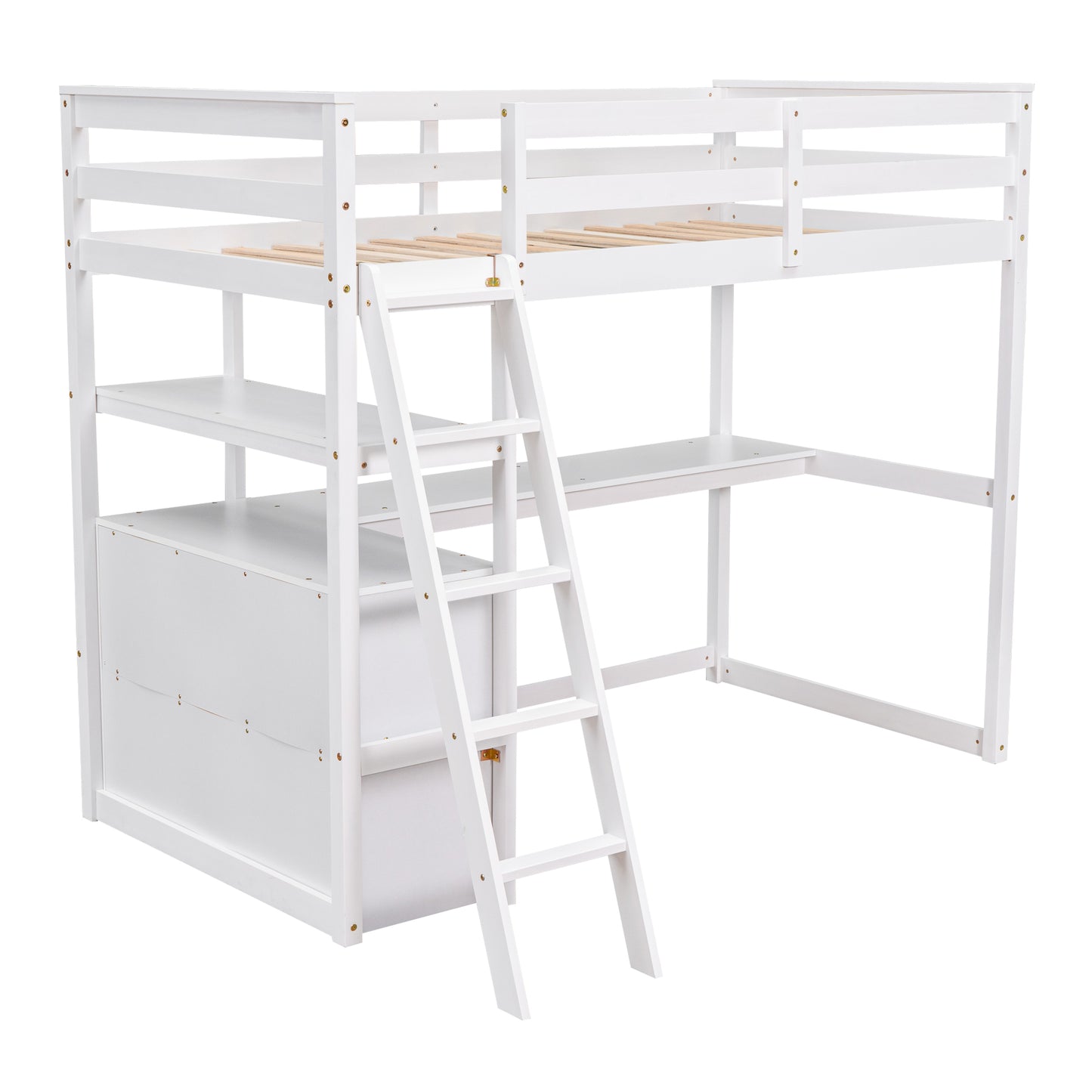 White wooden loft bed with integrated desk and shelves