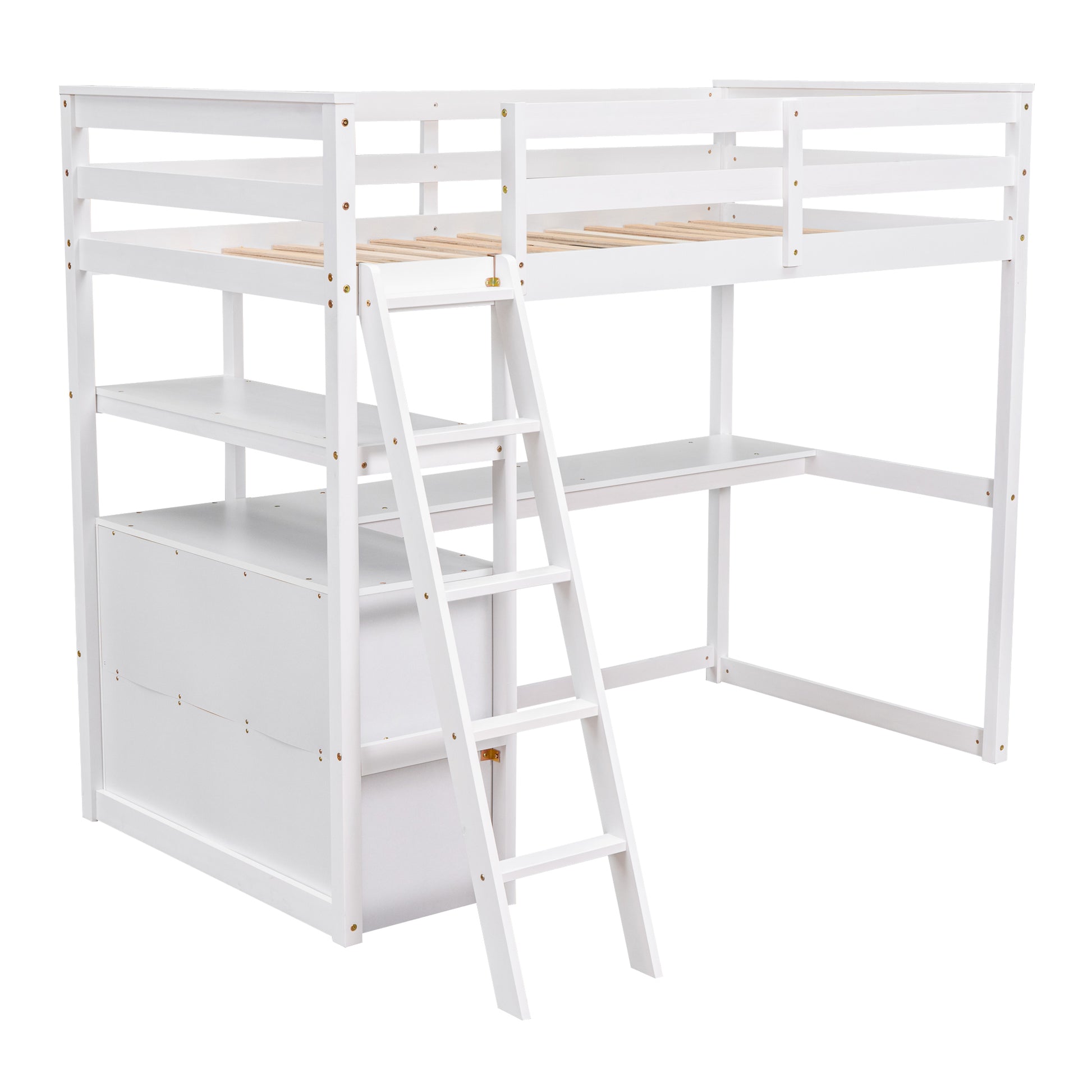 White wooden loft bed with integrated desk and shelves