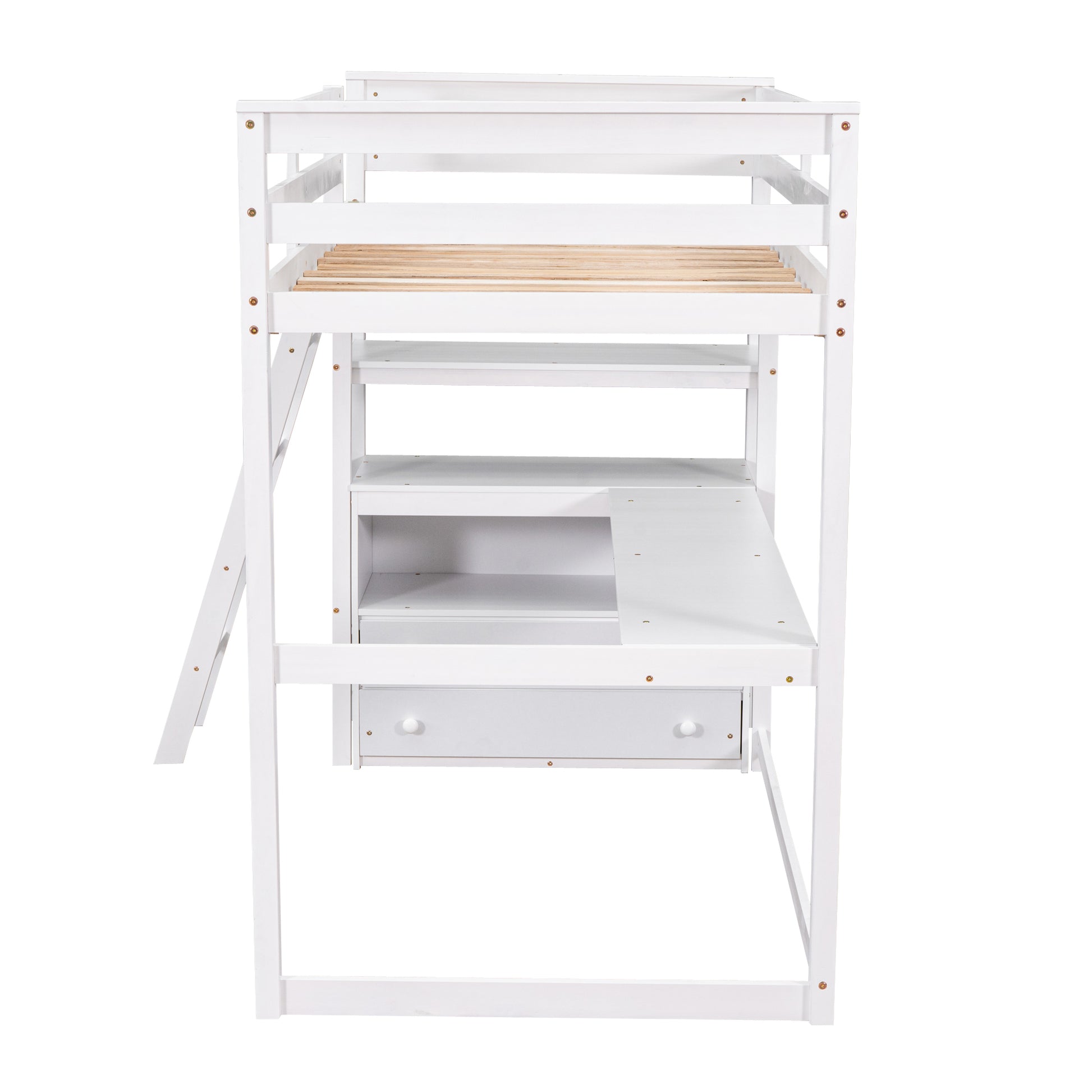 White loft bed with integrated desk and shelves