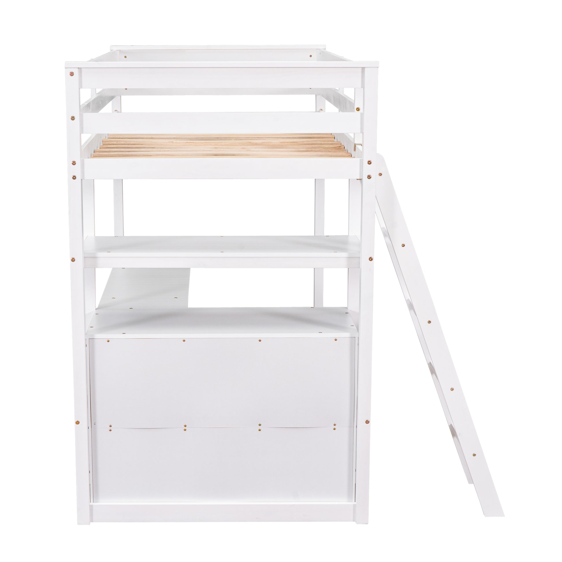White wooden loft bed frame with ladder and shelves for kids