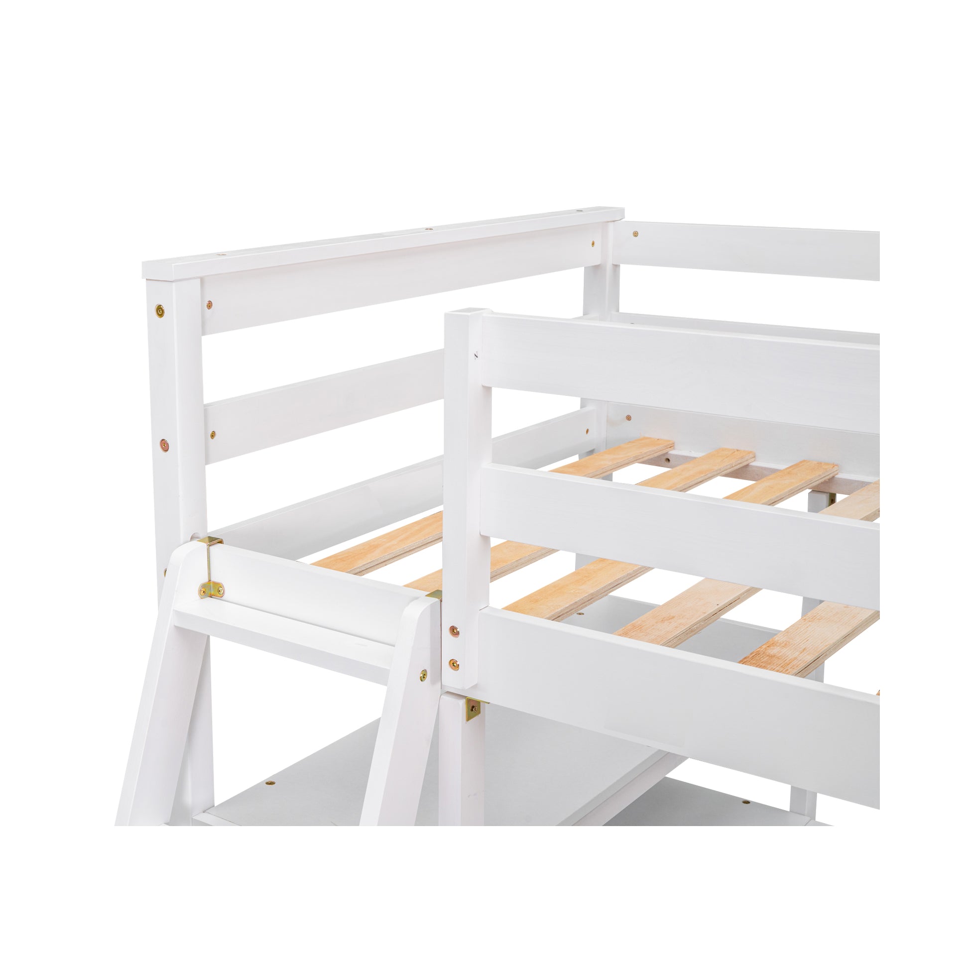 White wooden bunk bed frame with slatted base detail
