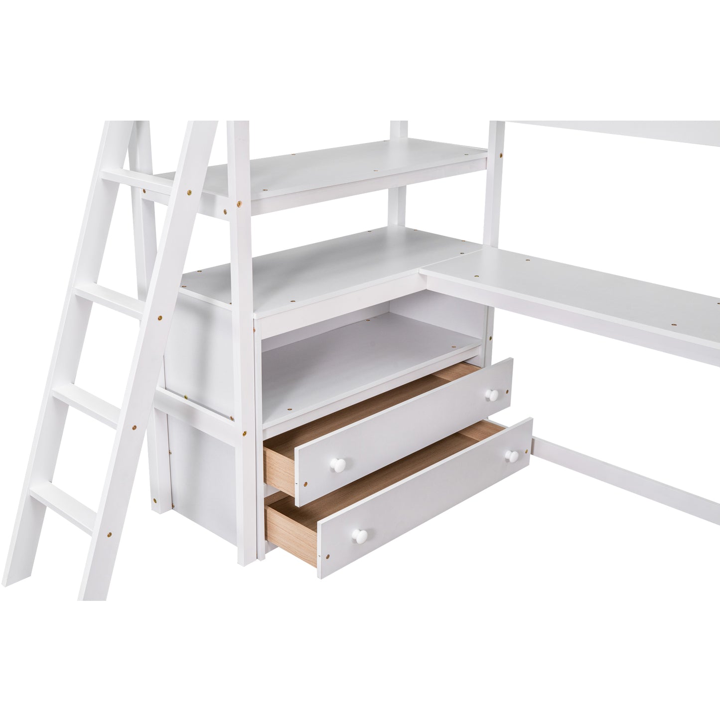 White loft bed with ladder and builtin desk