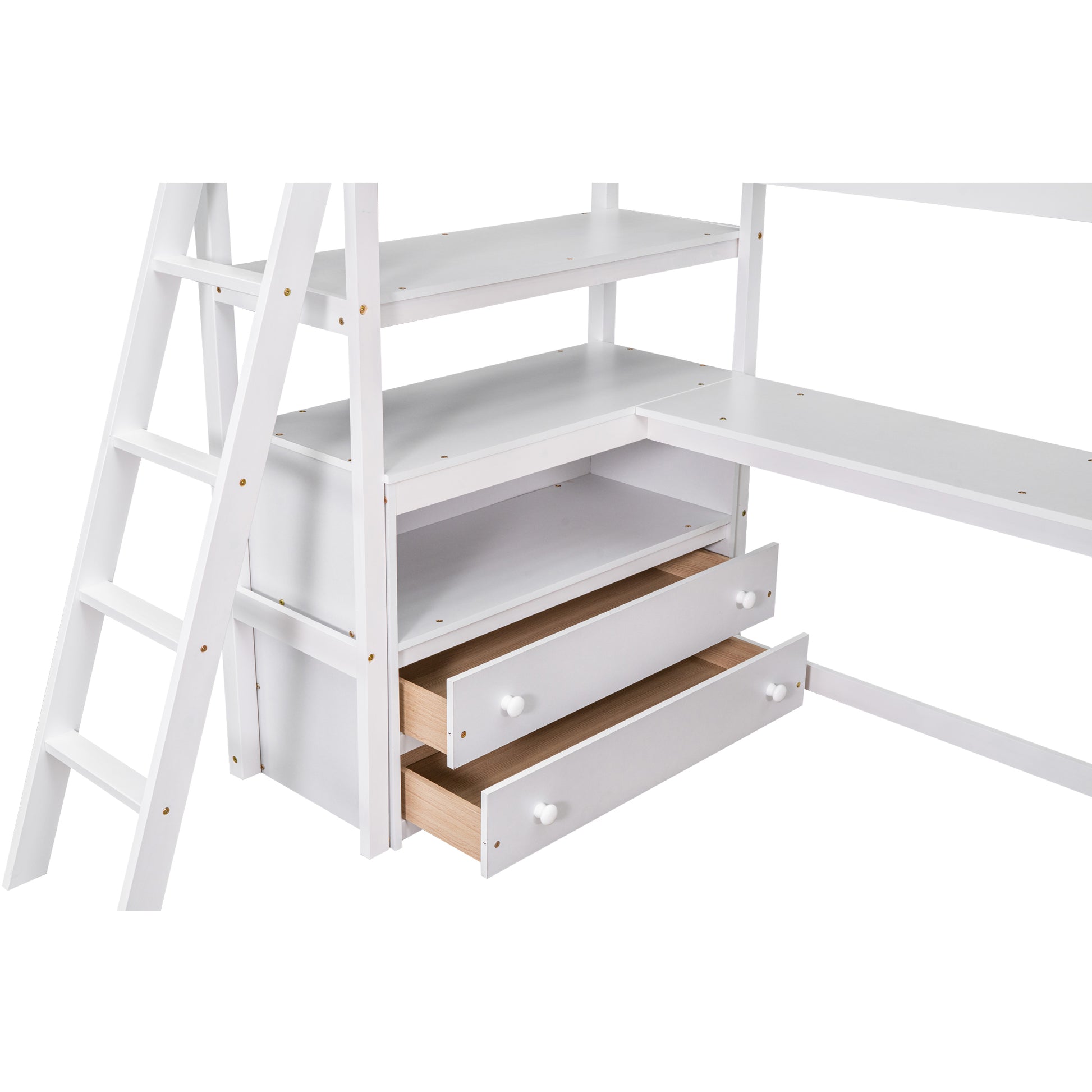 White loft bed with ladder and builtin desk