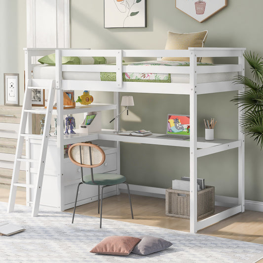 White loft bed with integrated desk and ladder perfect for kids rooms