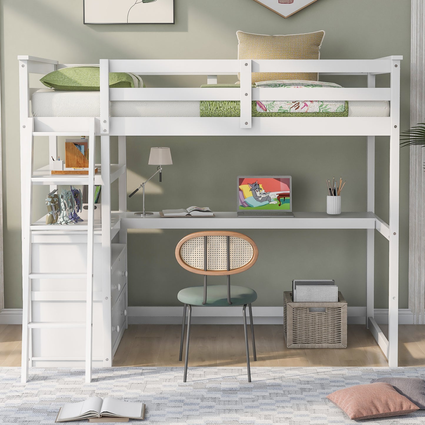 White wooden loft bed with integrated desk and storage drawers