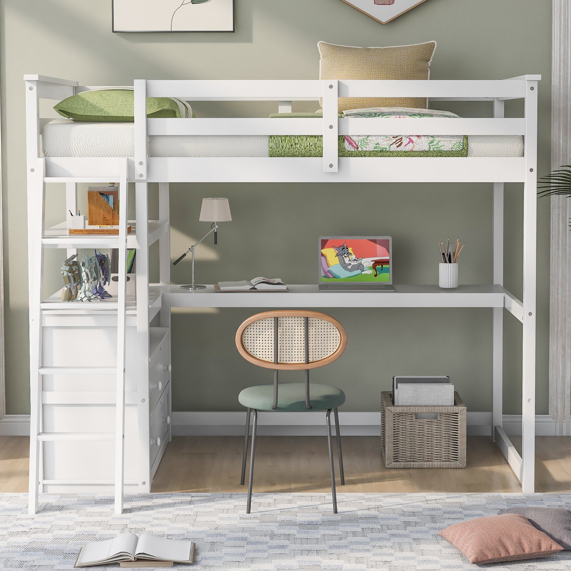 White wooden loft bed with integrated desk and storage drawers
