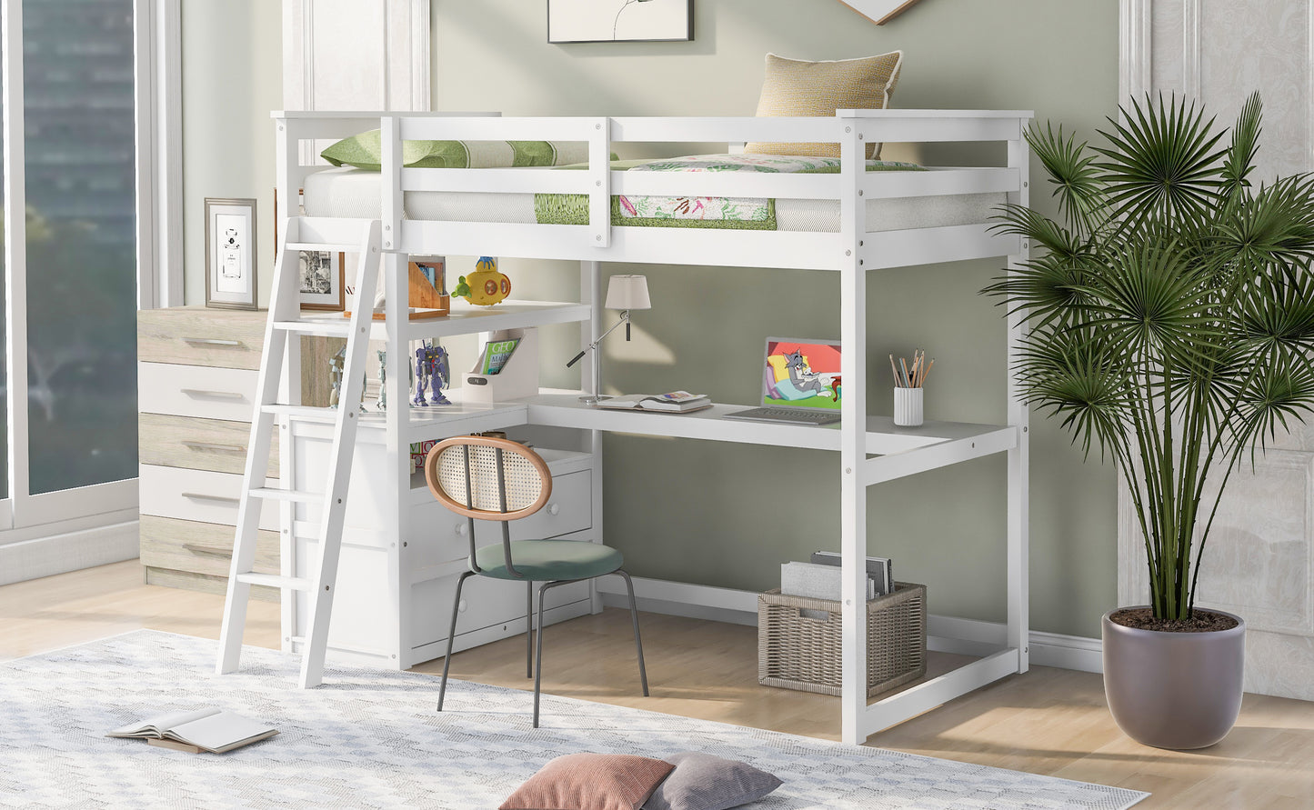 White wooden loft bed with integrated desk and ladder