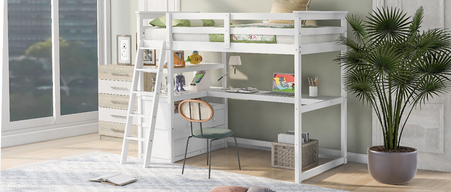 White wooden loft bed with integrated desk and shelving