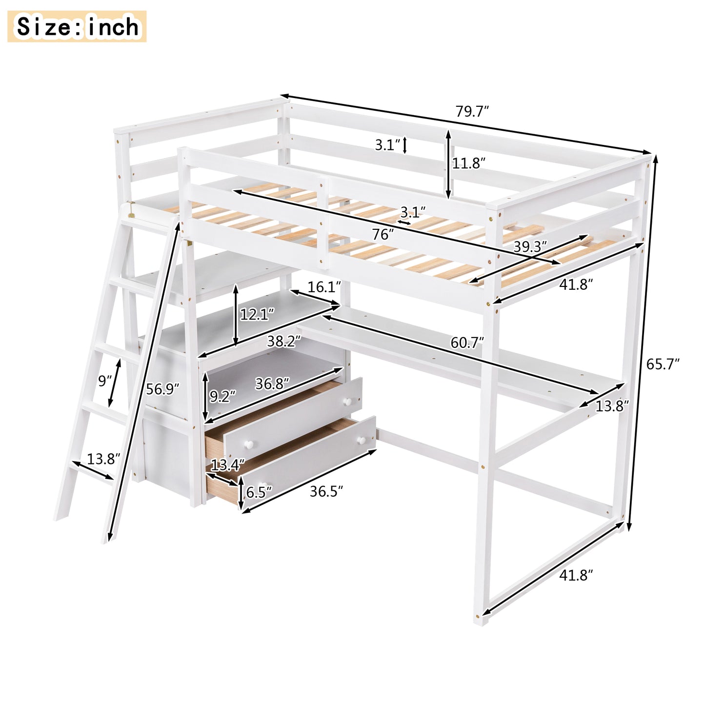 White wooden loft bed with integrated desk and drawers