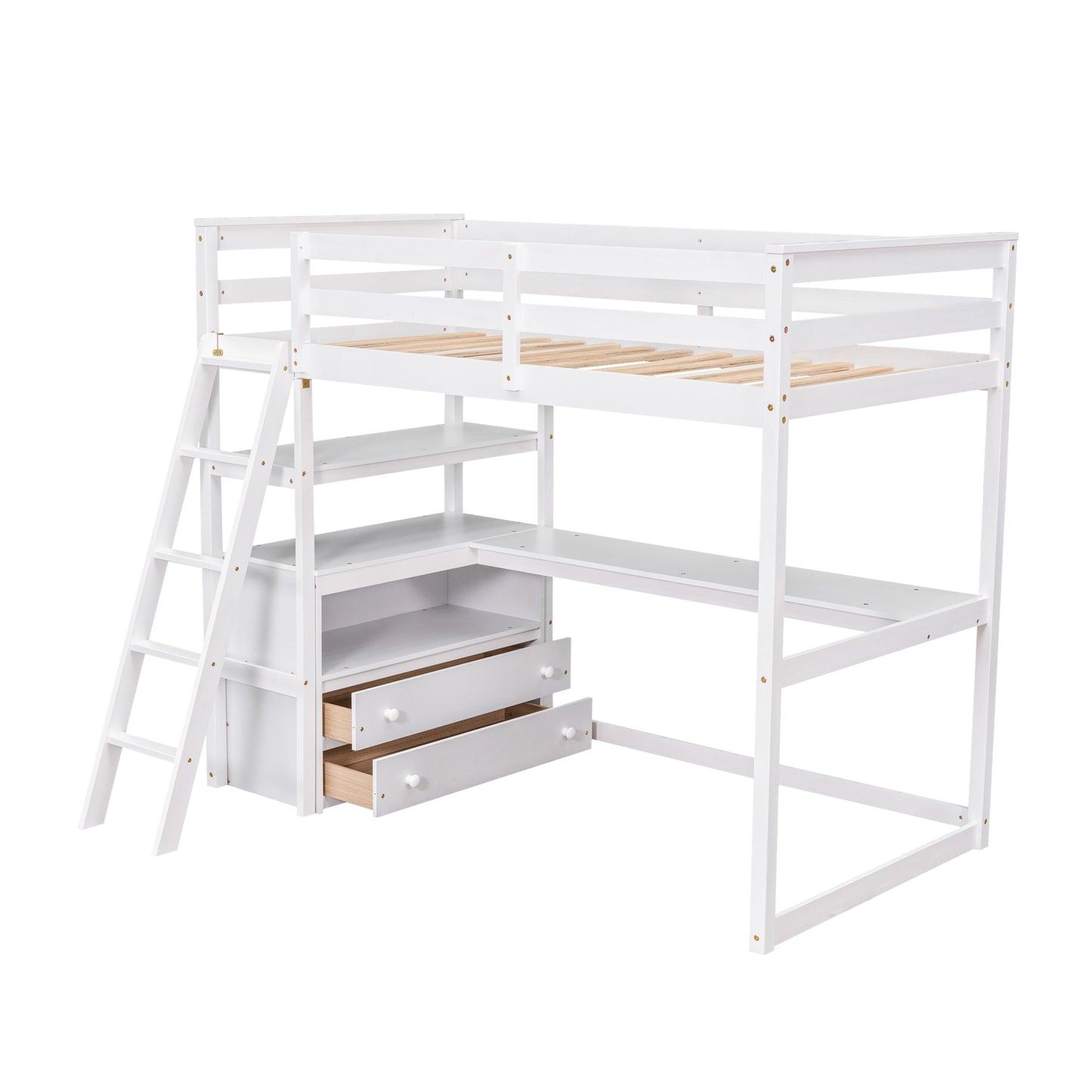 White loft bed with desk and drawers