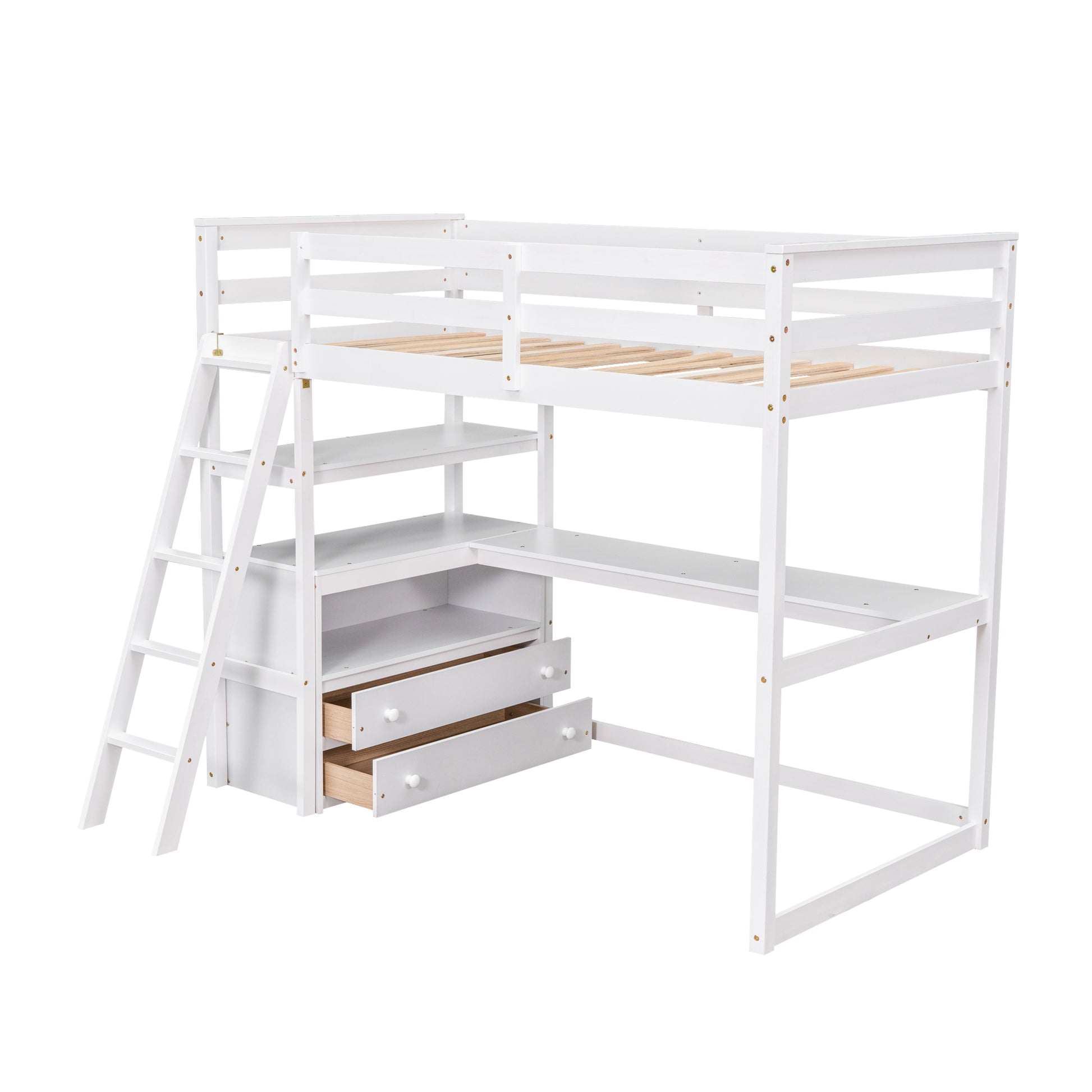 White loft bed with desk and drawers