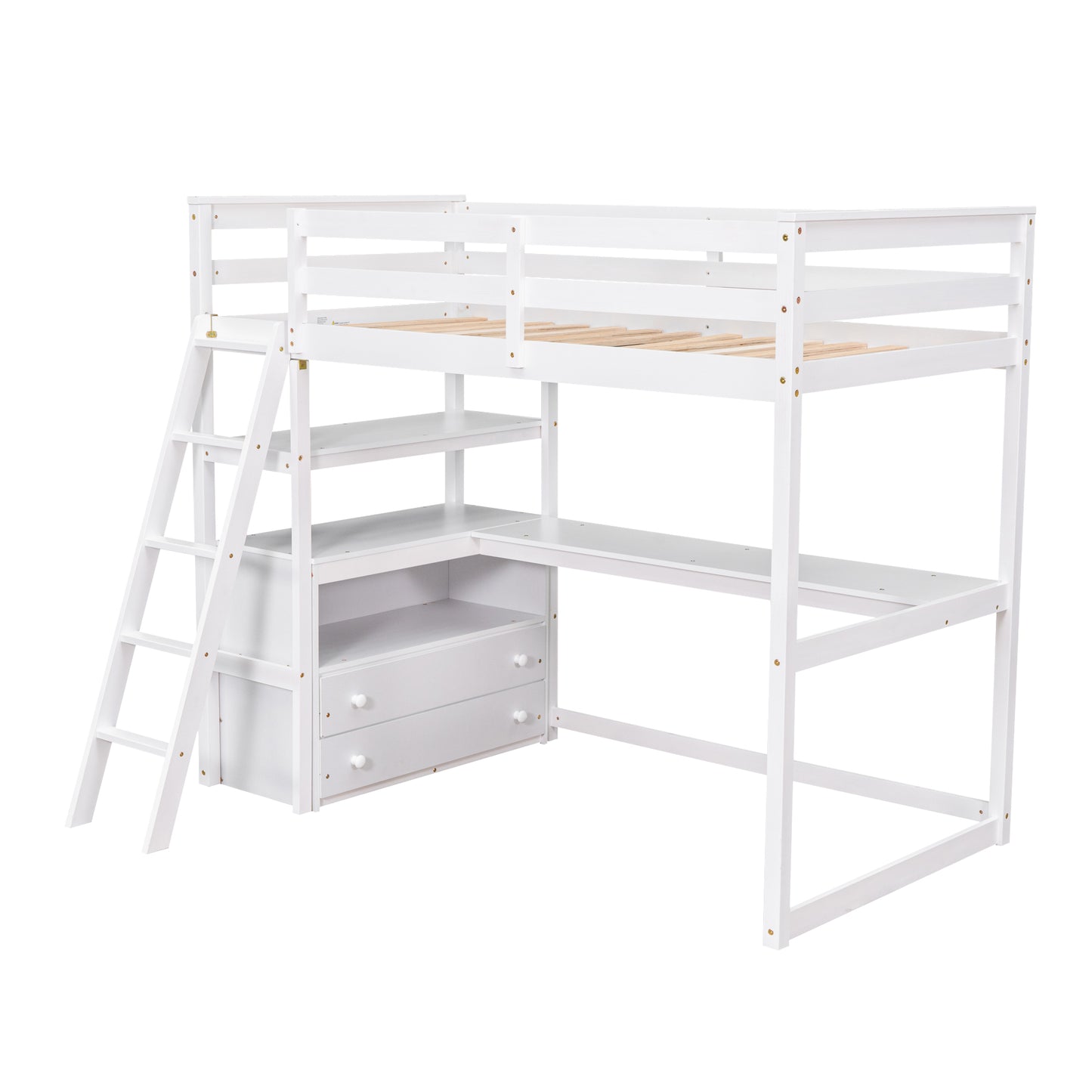 White wooden loft bed with desk and storage drawers