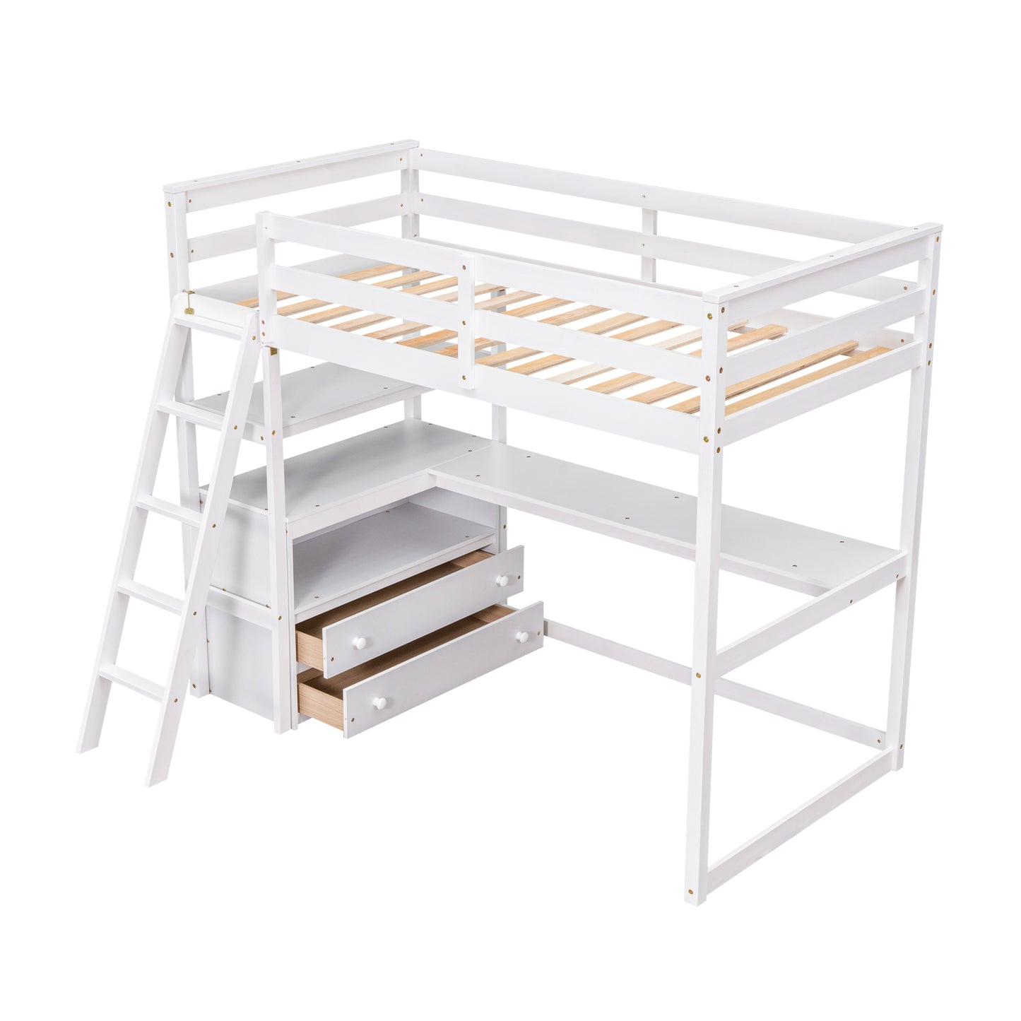 White loft bed with desk and drawers