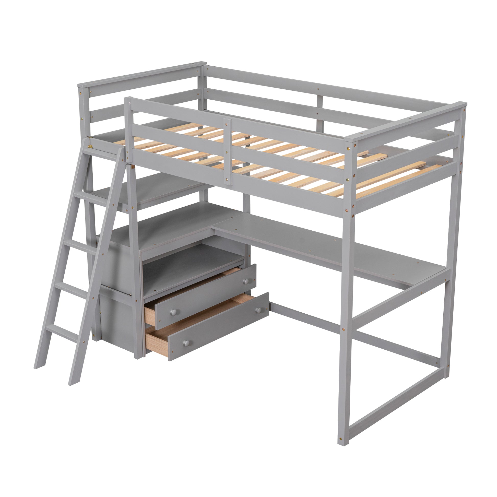 Gray loft bed with desk and drawers